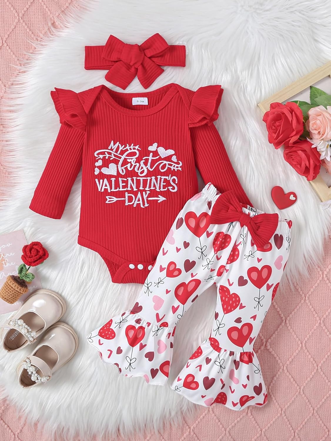 Noubeau My First Valentines Outfits Newborn Baby Girl Outfits Long Sleeve Ribbed Romper Heart Flare Pant Headband 3Pcs - Image 2