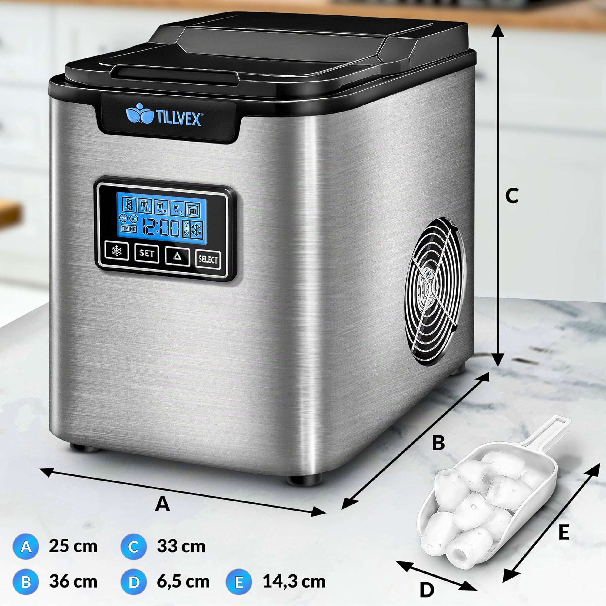 tillvex Machine à glaçons en inox 12 kg - 24 h | Préparation de glaçons avec minuterie et réservoir 2,2 litres | Ice Maker avec écran LED et nettoyage automatique | 3 tailles de glaçons (Argent)