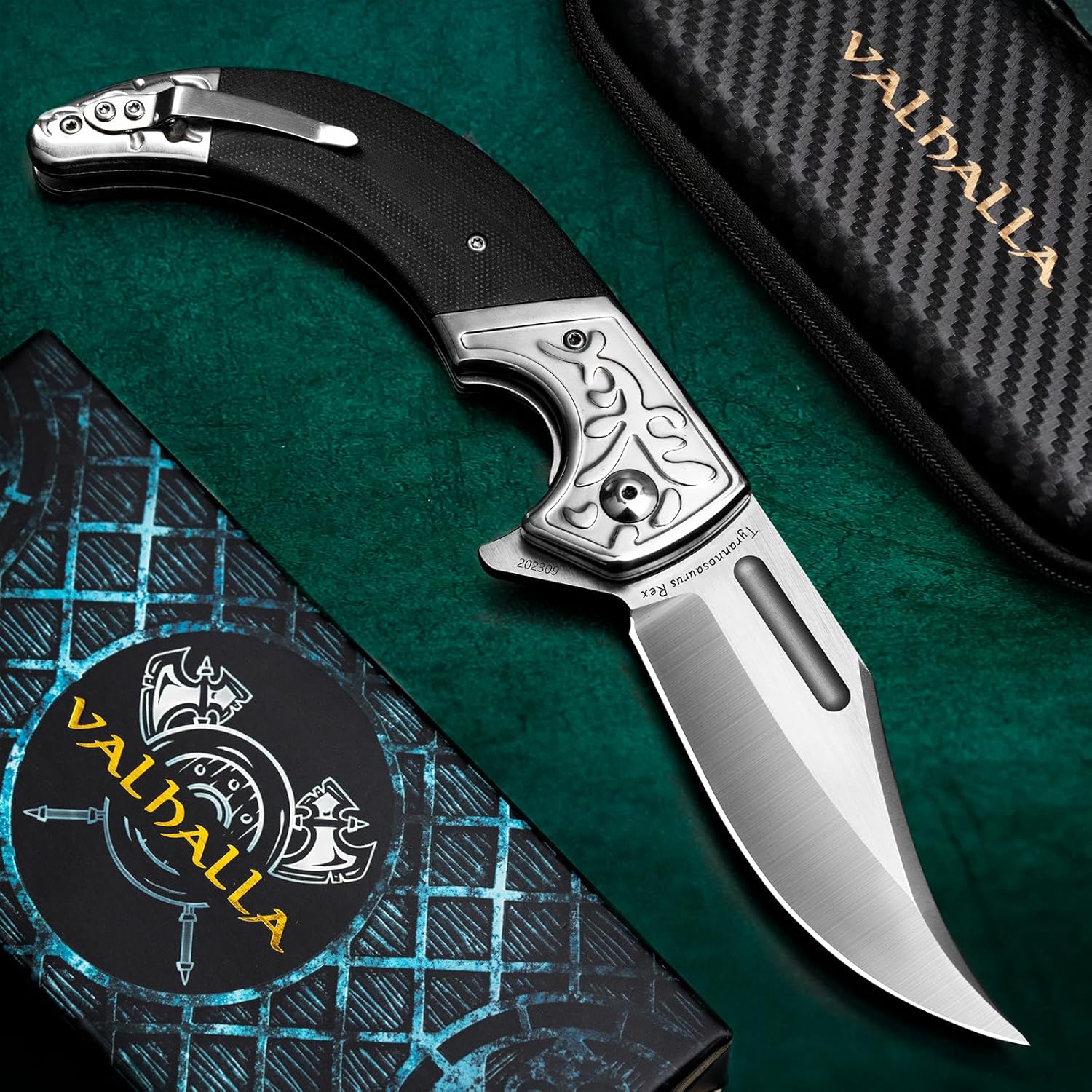VALHALLA Pocket Knife For Men, 3.7'' D2 Steel Big Folding Knife, Large Pocket Knife with G10 Handle, Cool Knives for Men (TYRANNOSAURUS REX)