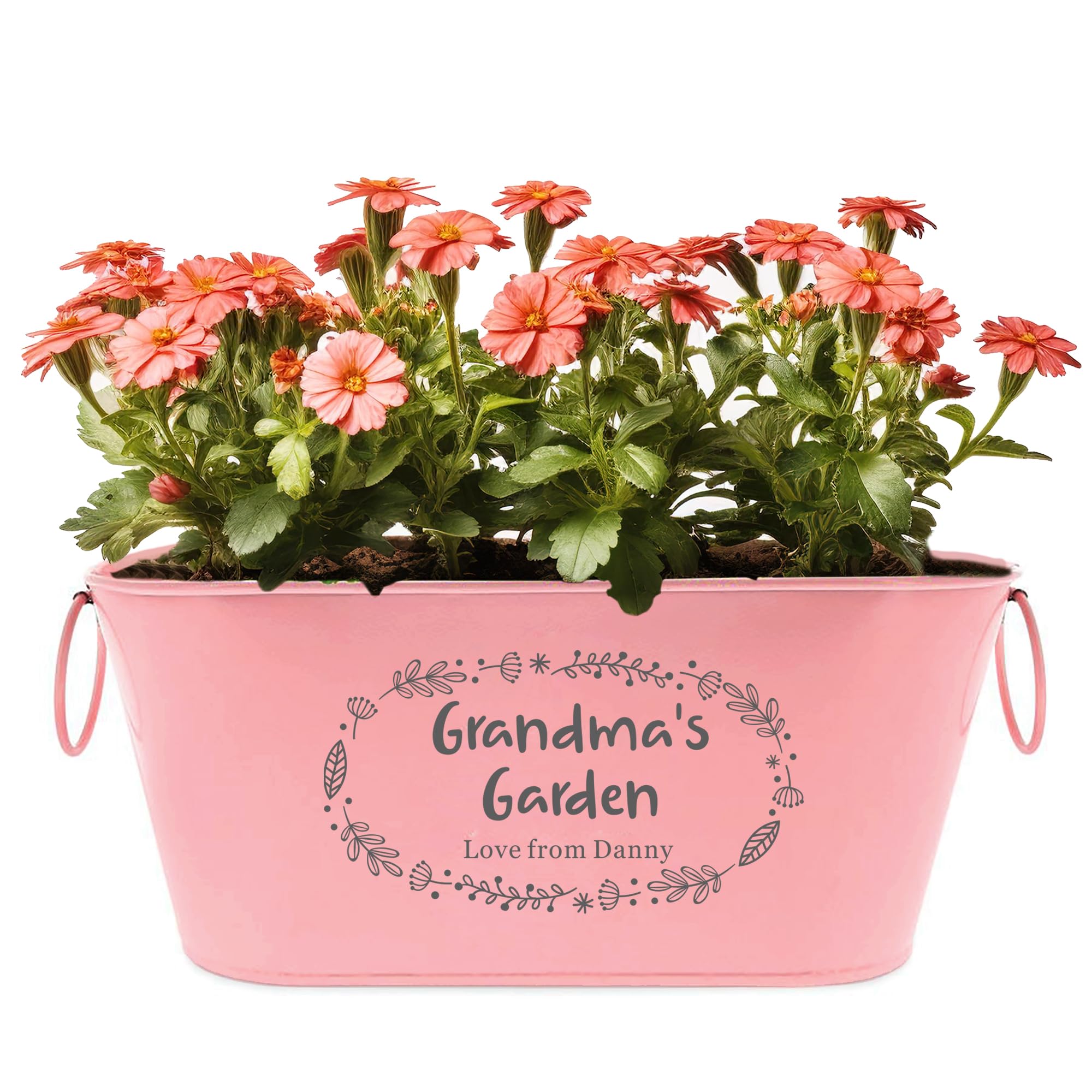 EDSG Personalised Plant Pot Engraved Metal Flower Pot Planter Garden Plant Pots Outdoor with Rings Gardening Gifts for Women Her Nanny Railing Balcony Anniversary Wedding Birthday(Pink, Design 2)