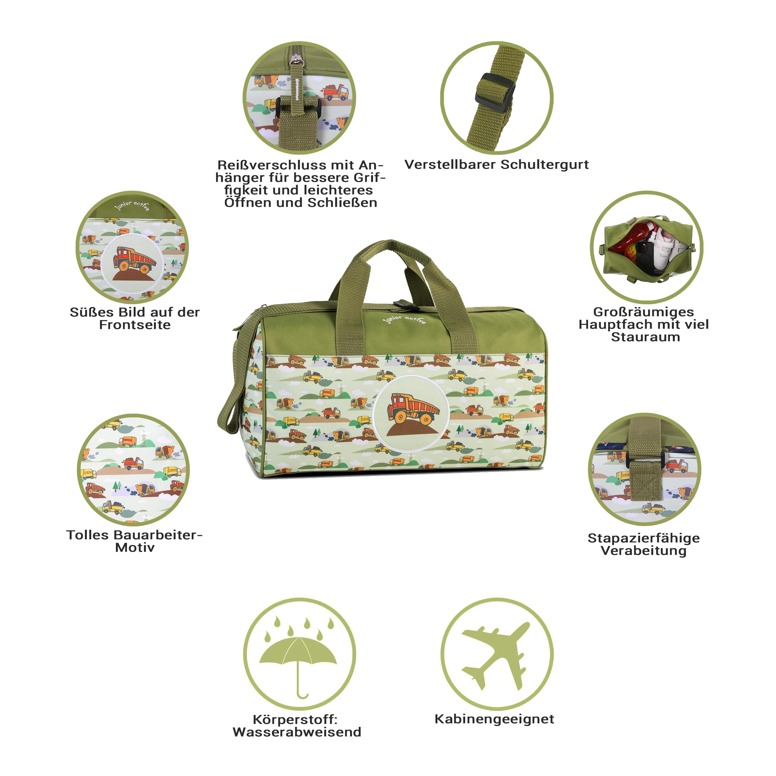 Kindertasche Sporttasche Reisetasche Lastwagen Truck, Jungen Mädchen Kinder,grün, 38 x 22 x 20 cm, 17 Liter