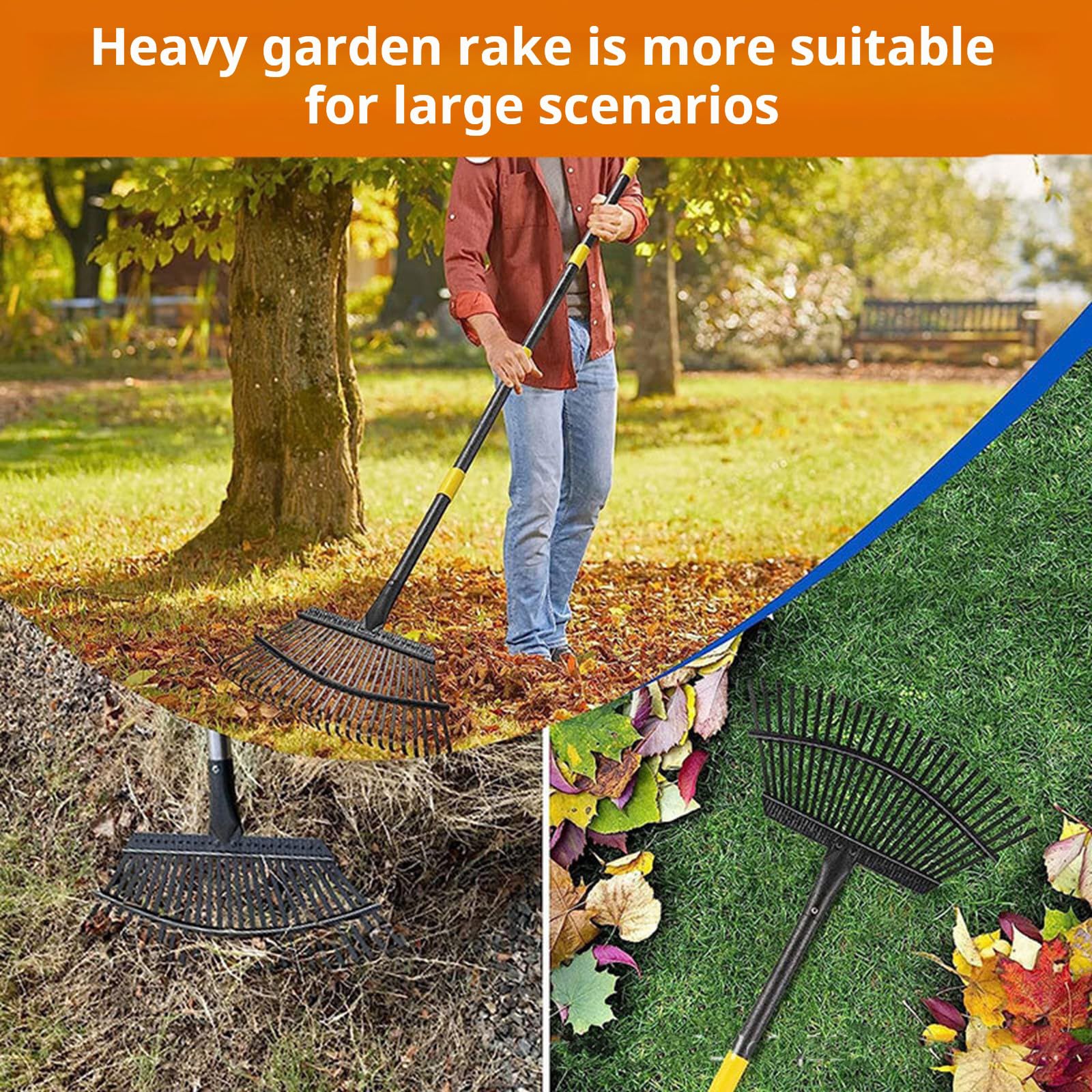Rastrillos de acero inoxidable para jardinería, 165 cm de longitud, rastrillos de jardín, diseño desmontable para almacenamiento compacto, jardinería de acero inoxidable