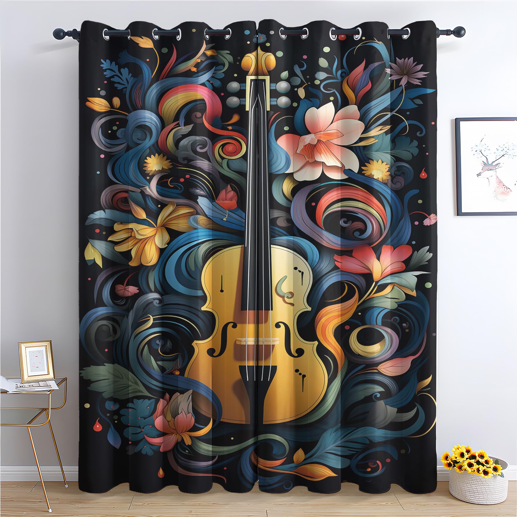 Violin Curtains for Bedroom Living Room - Floral Musical Instrument Blackout Curtains 46 x 54 Inch (Width x Drop), Thermal Insulated Eyelet Curtains & Drapes, Patterned Window Treatments C-#183