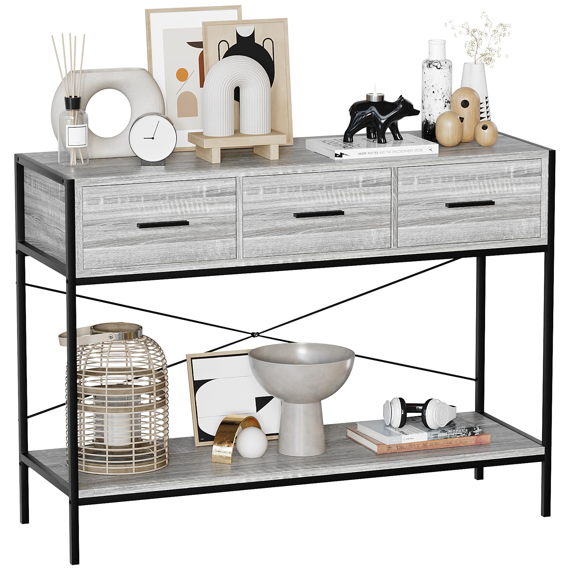 Vida Designs Brooklyn Console Table Hallway Living Room Rustic Shelf Industrial Storage Furniture (Grey, 3 Drawer)