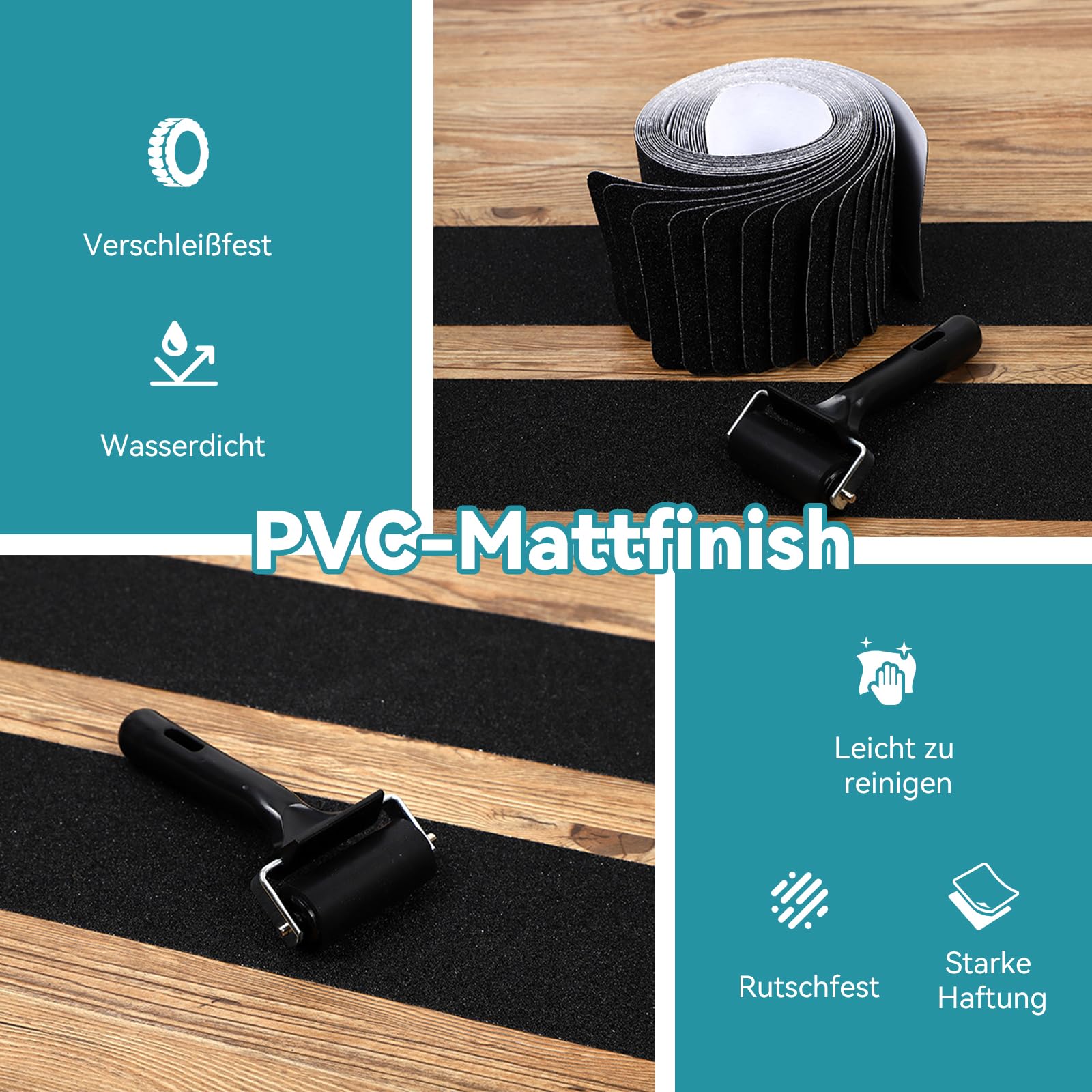 Stufenmatten Selbstklebend Rutschfest (15er Pack) – Anti Rutsch Streifen für Treppen mit Andrückrolle |Wasserfest Grip Tape Treppenstufen Antirutschmatten für Außen & Innen (15cm*60cm)