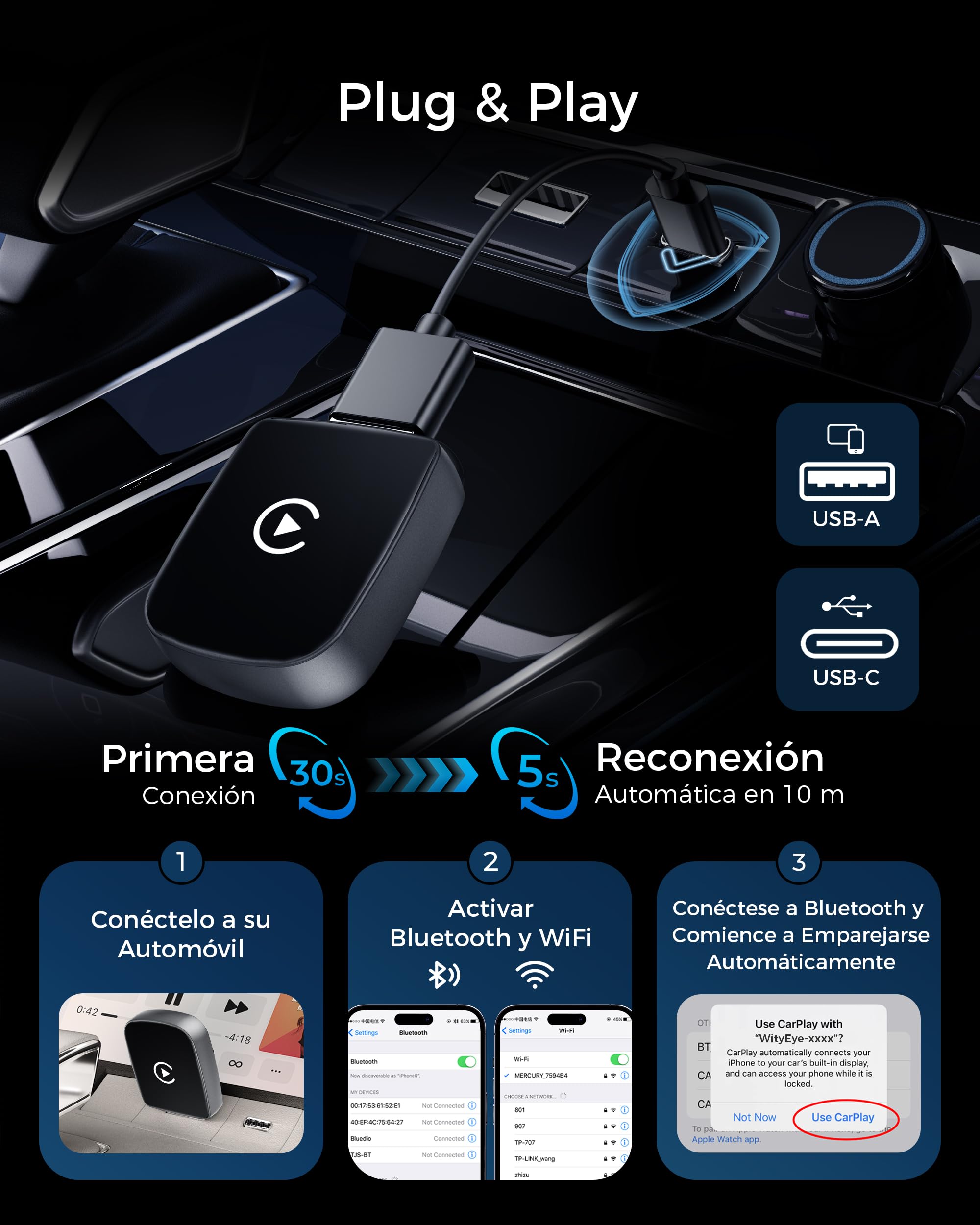 Adaptador CarPlay Inalámbrico, Bluetooth V5.3 Conexión Estable, 5.8GHz WiFi de Alta Velocidad, USB A/C, Convierte Coches con CarPlay por Cable en Inalámbrica, para Apple iPhone iOS 10+