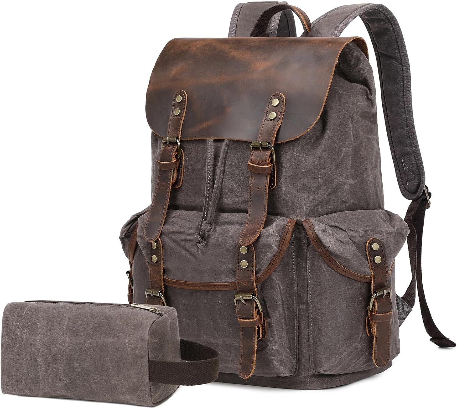 Wogarl Vintage Leather Canvas Backpack, Waxed Canvas Shoulder Rucksack with Toiletry Shoulder Rucksack for Traveling, Camping, Hiking,Business College Fits 17inch Laptop,Grey