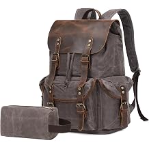 Wogarl Vintage Leather Canvas Backpack, Waxed Canvas Shoulder Rucksack with Toiletry Shoulder Rucksack for Traveling, Camping, Hiking,Business College Fits 17inch Laptop,Grey