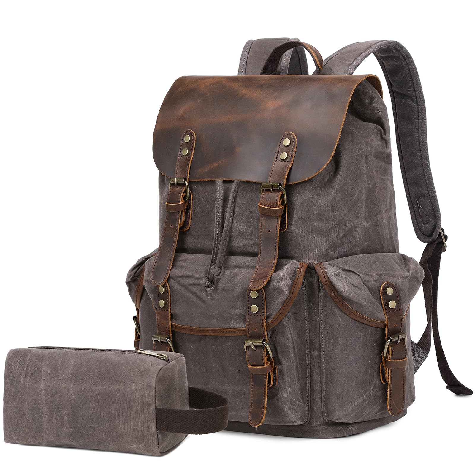 Wogarl Vintage Leather Canvas Backpack, Waxed Canvas Shoulder Rucksack with Toiletry Shoulder Rucksack for Traveling, Camping, Hiking,Business College