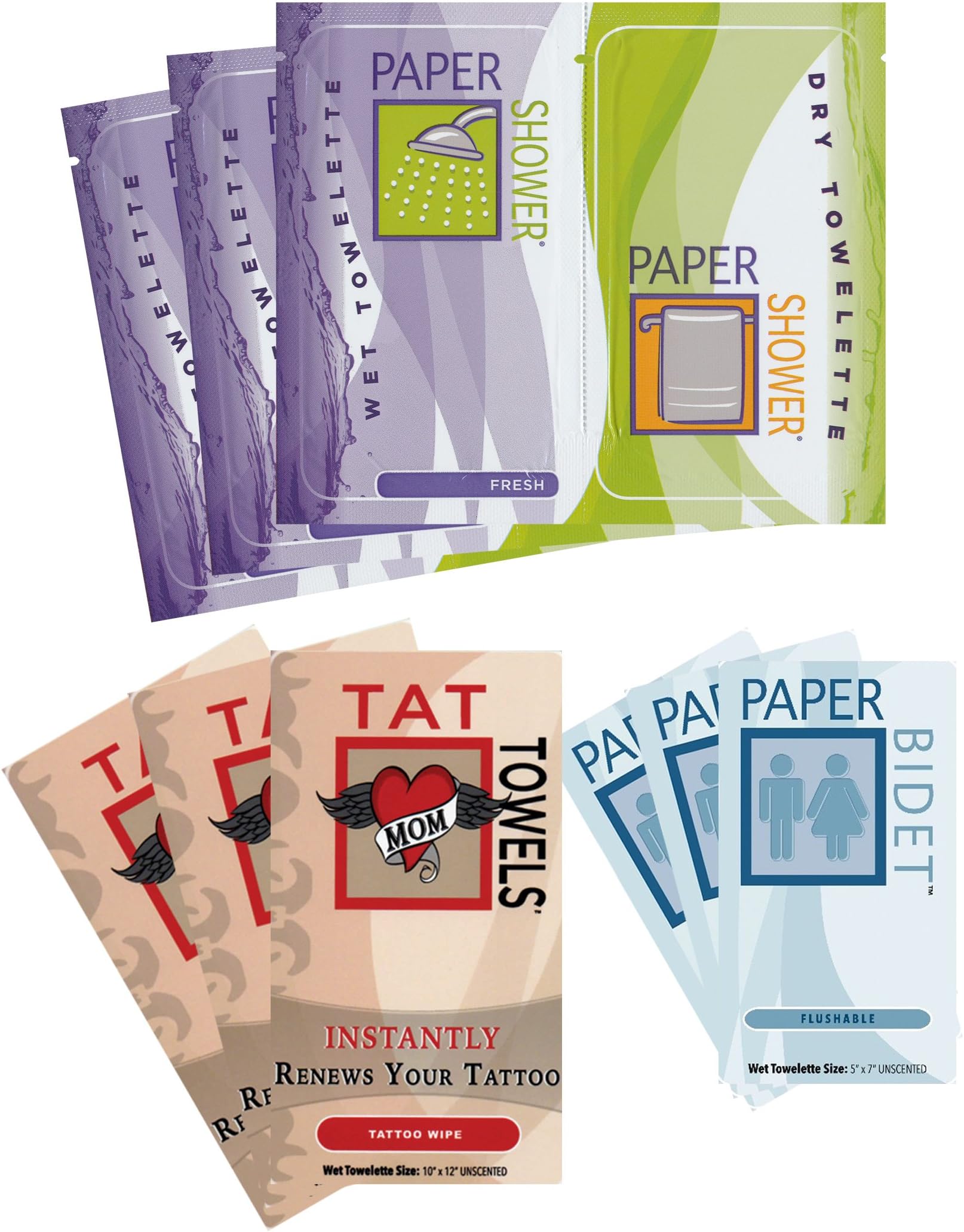 Festival Wipe Kit - Paper Shower-Fresh, Paper Bidet and Tat Towels (Two kits Per Order) NEW!
