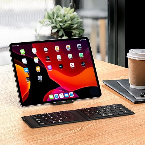Miniatura 8 de iClever Teclado Bluetooth plegable, teclado plegable inalámbrico portátil con cubierta de piel sintética, multidispositivo, recargable, tamaño de