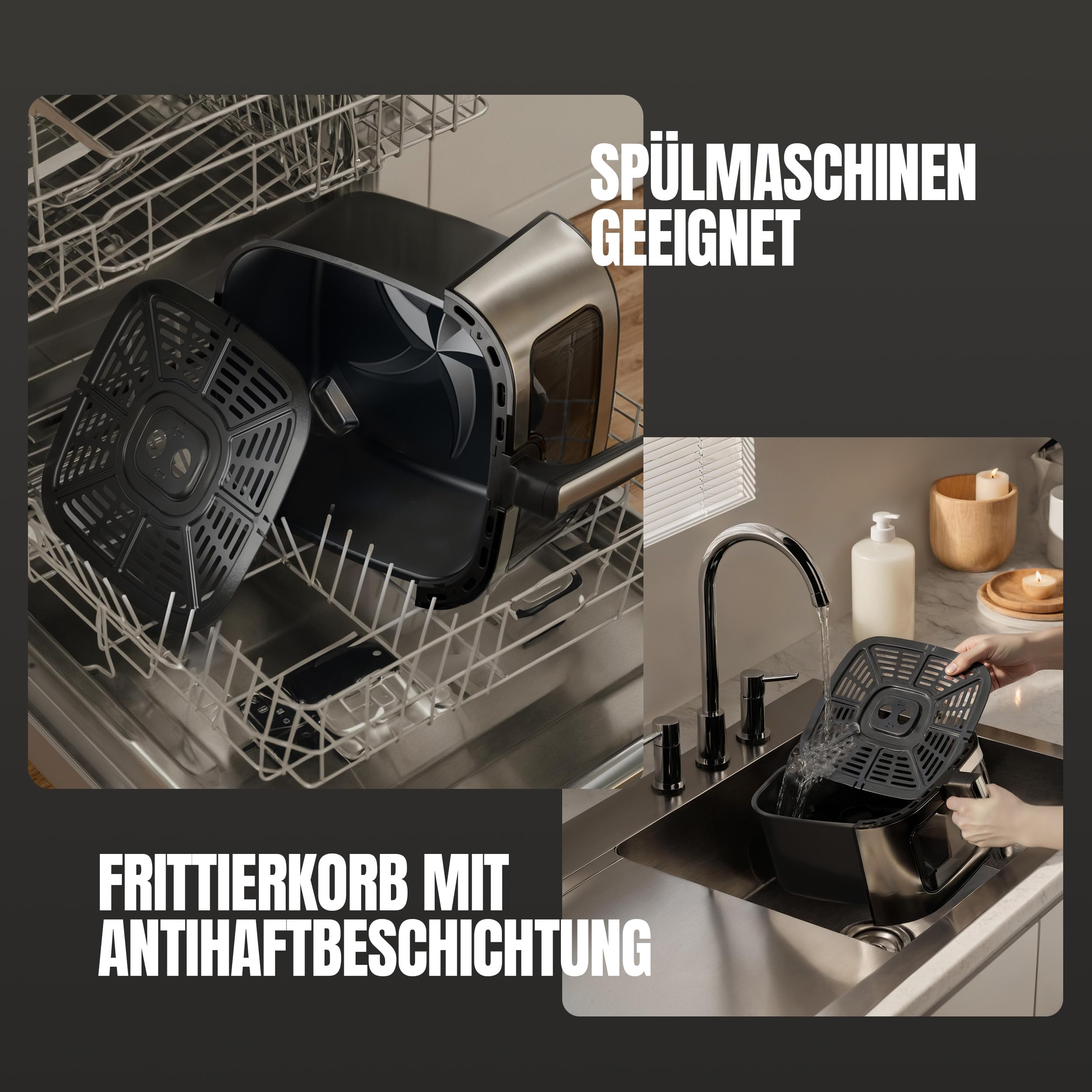 HEINRICHS Heißluftfritteuse, 9 Liter XXL Air Fryer, 10in1 Heißluftfritteuse, LED-Display mit Sensor-Touch Bedienung, fettfreie Zubereitung, inkl. Timer, platzsparend, spülmaschinenfester Korb, 1800W