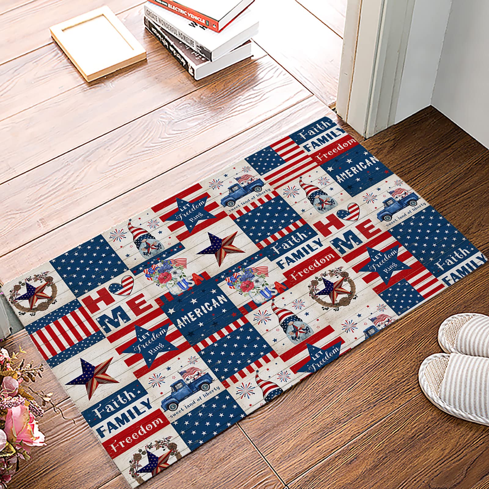 Photo 1 of 4th of July Doormat Front Door Rugs Gnome Truck American Flag Wood Grain Lattice Farmhouse Door Mat Non-Slip Backing Rug Absorbent Washable Mats for Bathroom/Kitchen/Living Room/Bedroom 16×24inch 16"x24" Gnome Truck American Flag