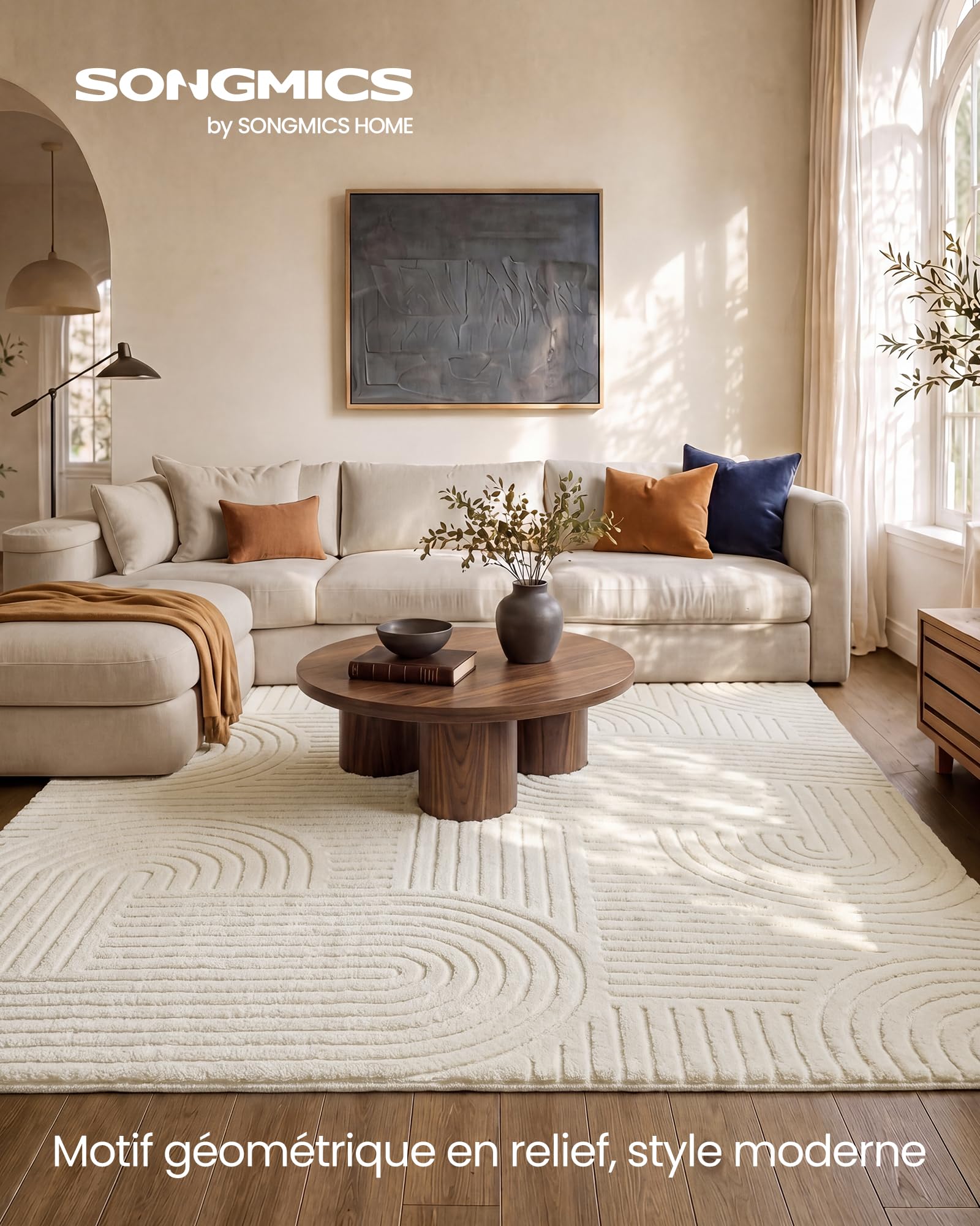 SONGMICS Tapis de Salon Géométrique à Relief 3D, Polyester et Caoutchouc TPR, Lavable en Machine, Dos Antidérapant, 290 x 200 x 1 cm, Blanc Crème, pour Chambre, Entrée, Collection Hila TAR135WZ02