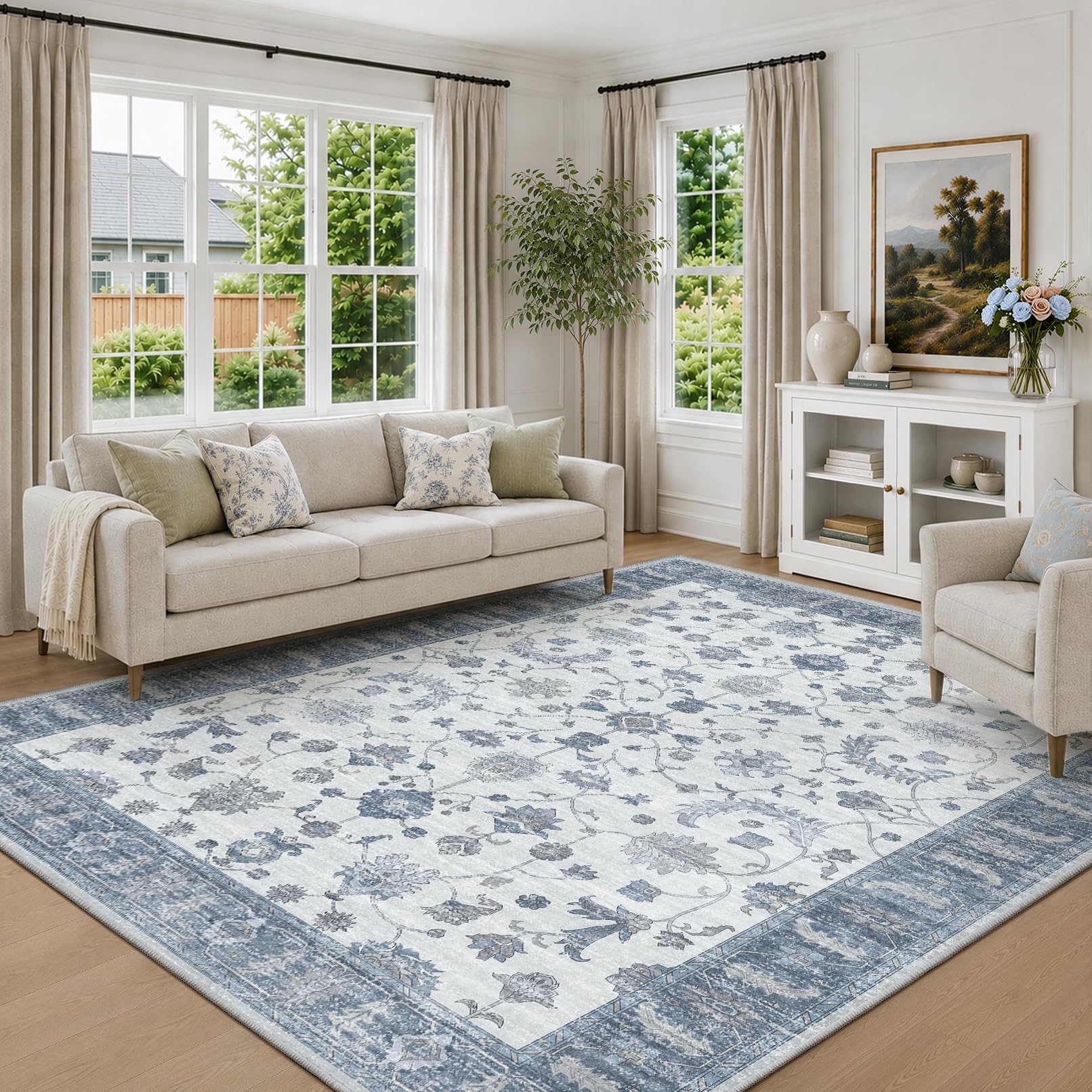 INOVADAY Washable Rug Vintage Boho 160x230 cm Blue Living Room Rug