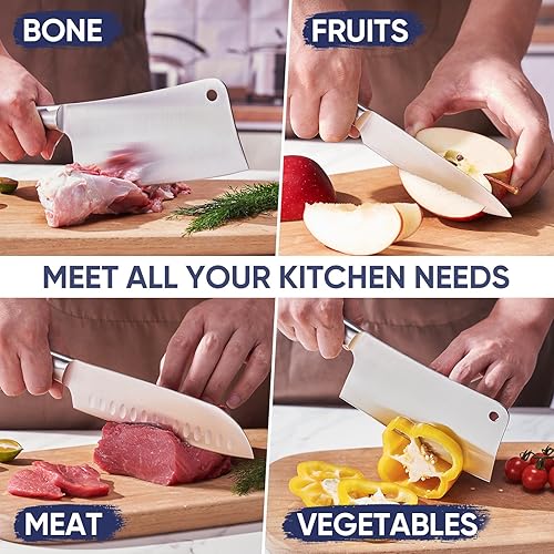 Miniatura 4 de Juego de cuchillos de carnicero para carne, 3 piezas, picador de huesos de 7 pulgadas, cuchillo Santoku de 7 pulgadas y cuchillo utilitario de 5