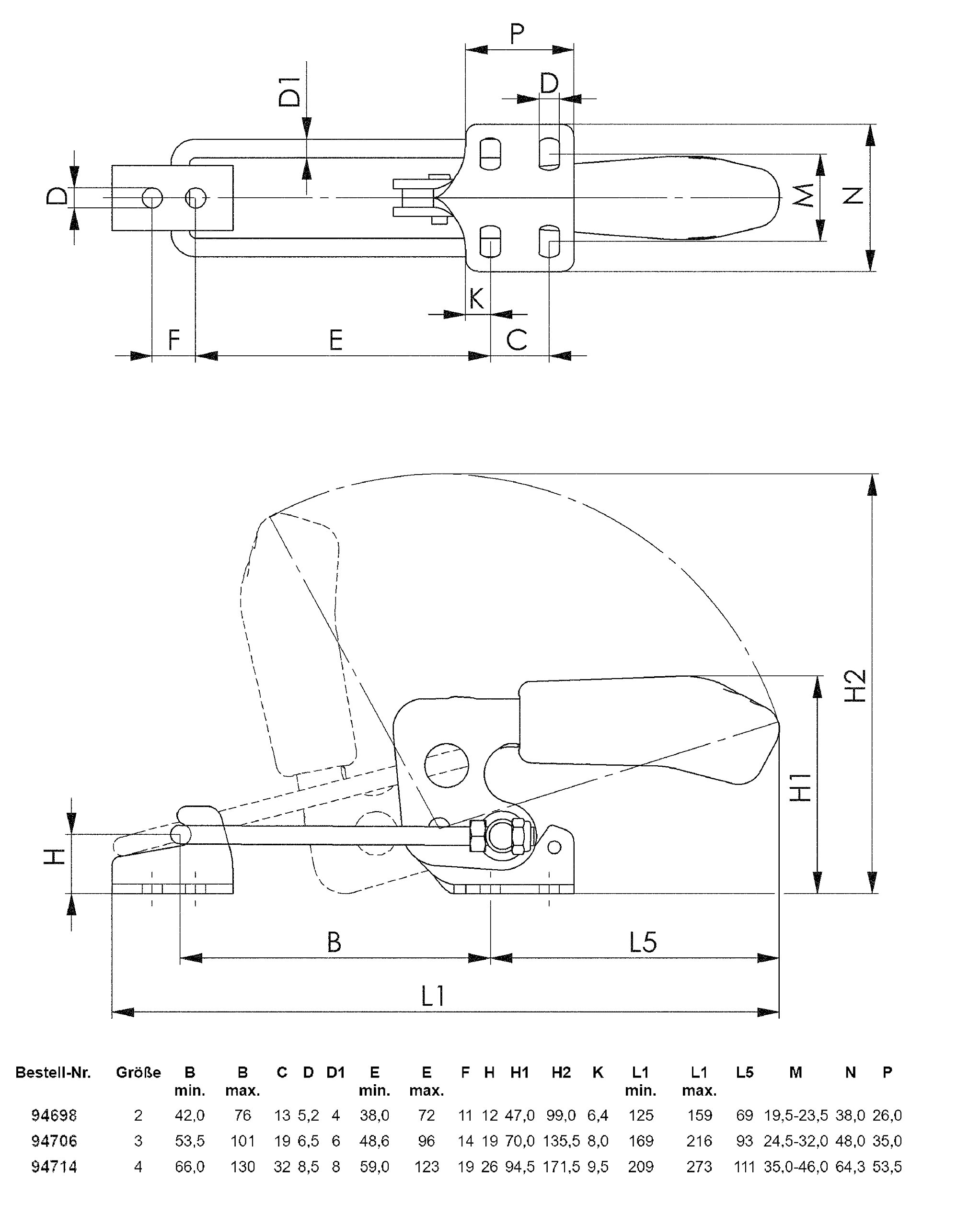 Lock Release Horizontal; Galvanised and Passivated and Einsatzgehärtete Non Rust Rivet LAGERBUCHSEN, Hook Hardened and tempered. Be Gefettet (Size: 3; Arms with ARRESTOR Length: 48.6 – 96 mm