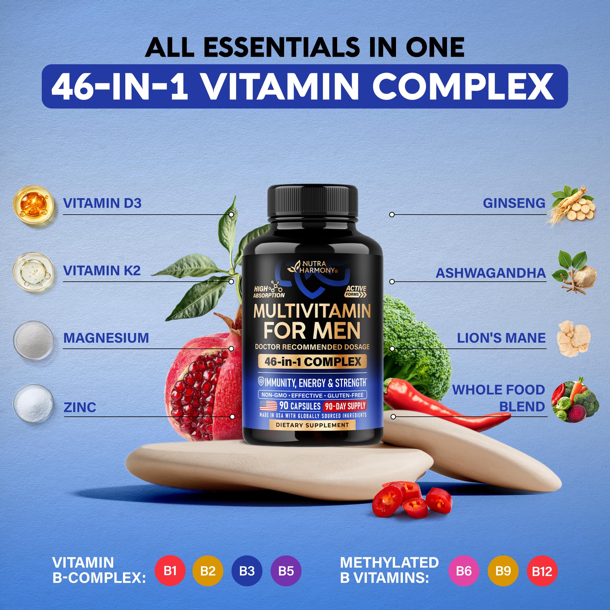 Multivitamin for Men - B-Complex & B12 | Whole Foods & Enzymes - 90 Caps — Amazon image 5
