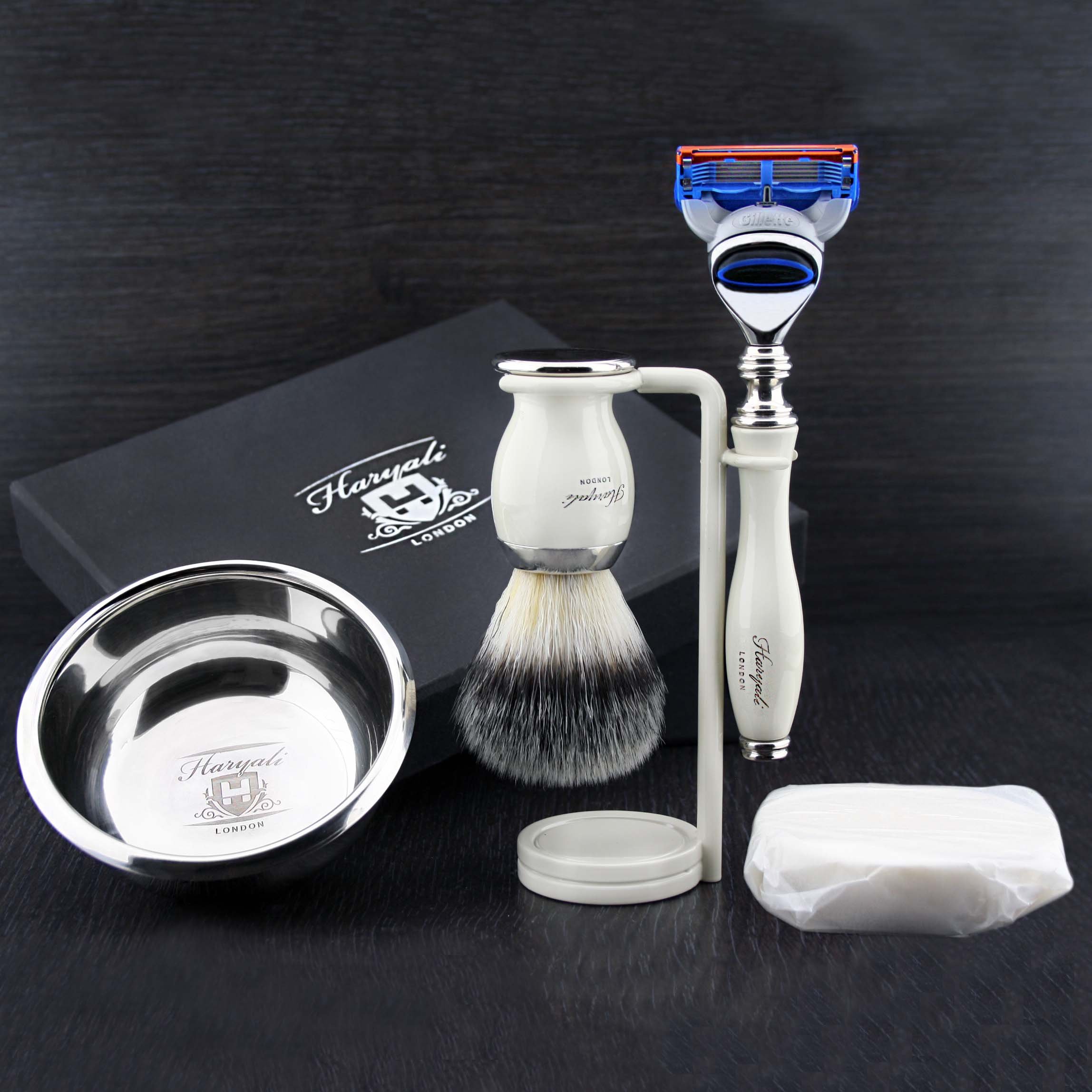 Haryali London 5 Pc Mens Shaving Kit 5 Edge Safety Razor With Synthetic Badger Hair Shaving Brush, Stand, Soap and Bowl Perfect Set For Men