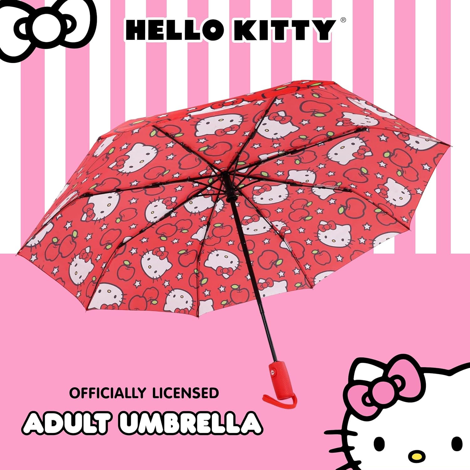 Hello Kitty Apples Umbrella, Compact Auto Open and Close, Durable Frame, Matching Sleeve, Red