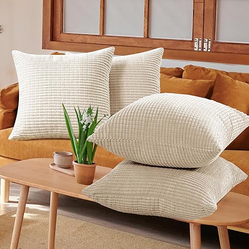 Miniatura 2 de Deconovo Juego de 4 fundas de almohada de 18 x 18 pulgadas, fundas de almohada decorativas de pana crema a rayas para sofá, cama, dormitorio, sala