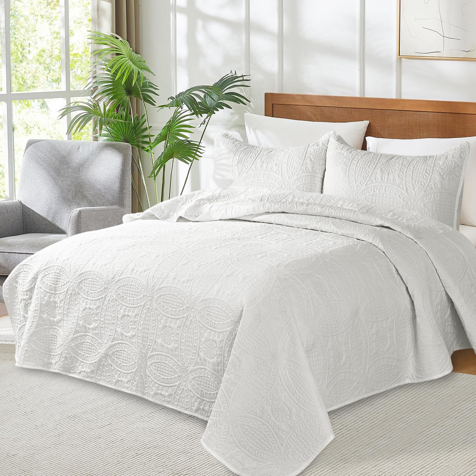 Siyaluens Quilts Set for Queen Size Bed, Soft Quilt Lightweight Microfiber Bedspread, Circle Geometric Pattern Ultrasonic Quilting Bedding Bedspreads with 2 Pillow Shams for All Season (White)