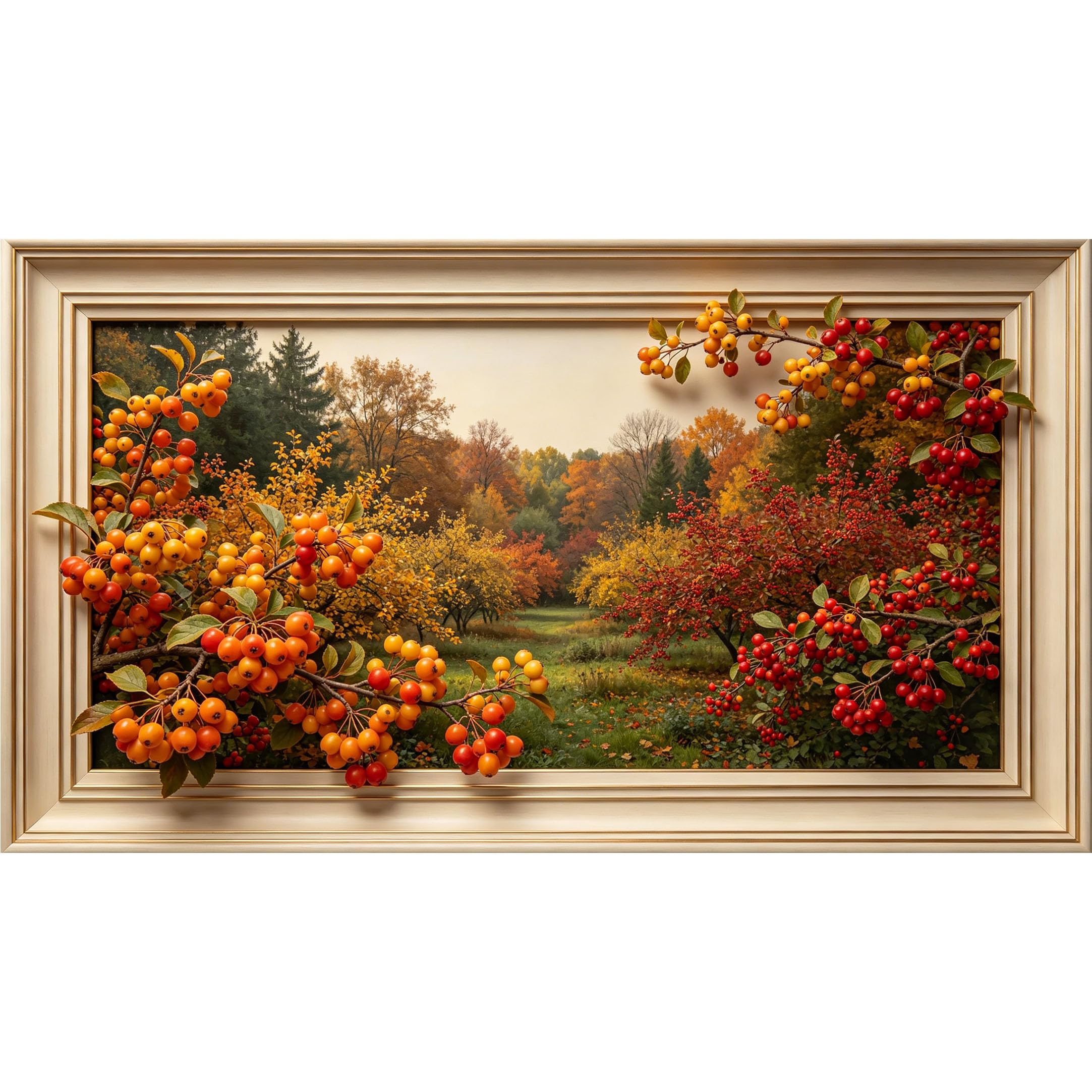 QZLITHOTIC 50×90cm3D Framed Wall Art， Autumn Forest Landscape Vibrant Berry Branch SelfAdhesive Mural， WaterActivated Peel & Stick Fabric Decor Wall Decal for Bedroom Living Room