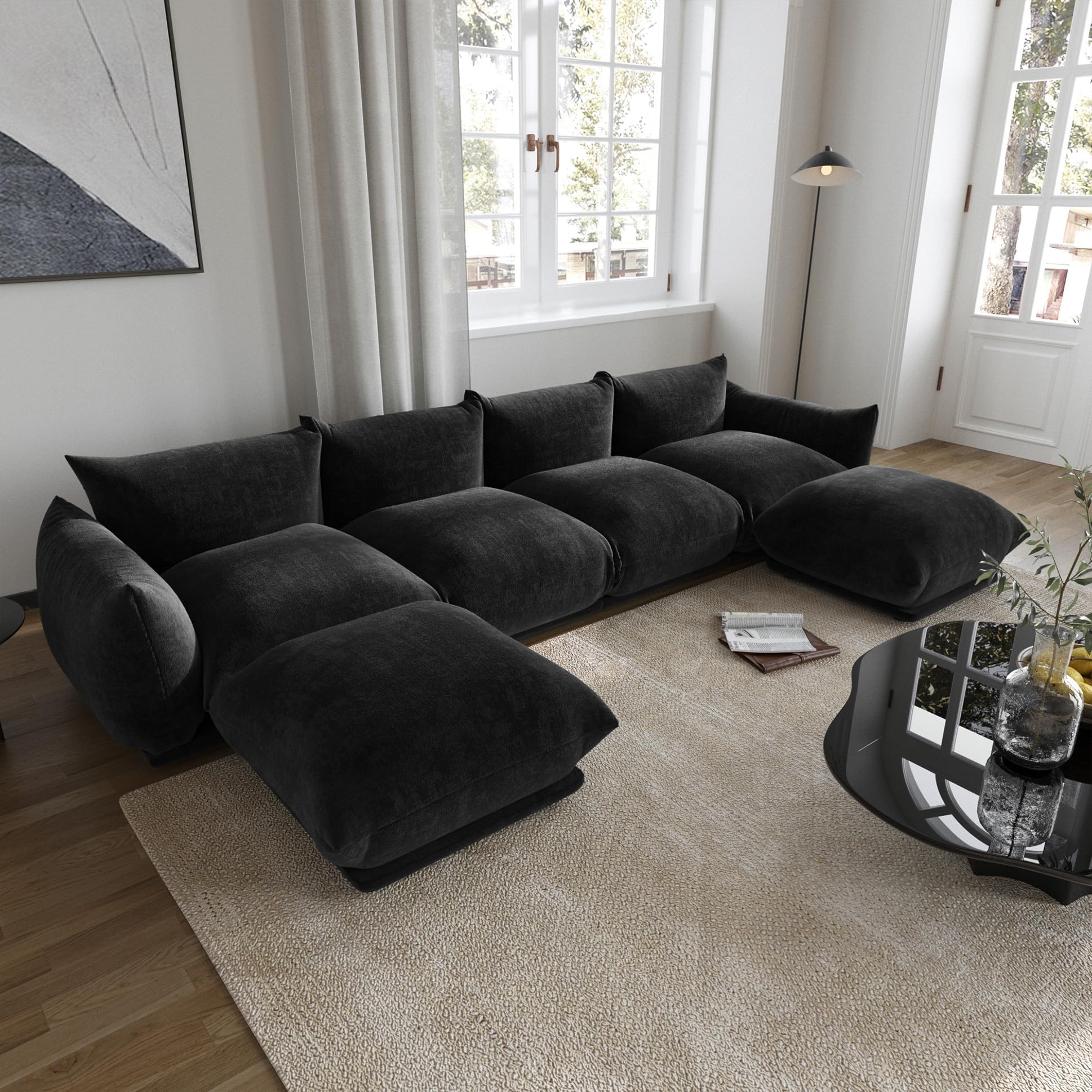 JACH 130" U-Shaped Sectional Sofa, Minimalist Chenille Modular Sofas Couches, Luxury Modern 6-Seat Couch Sectionals with Reversible Chaise Ottoman for Living Room Bedroom Office Apartment, Black