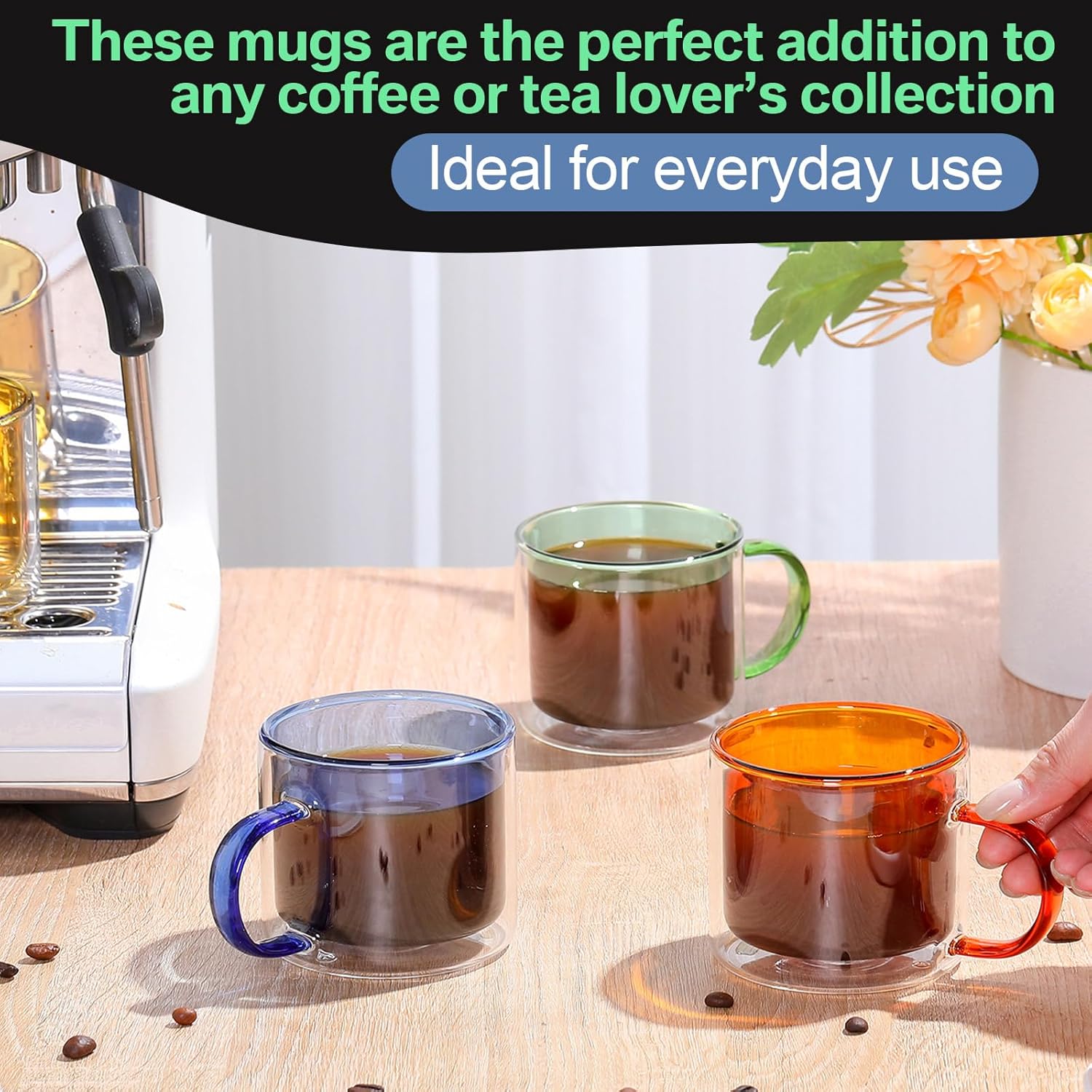 Domensi 4 Pcs Double Wall Coffee Mugs 10 Ounce Milk Glass Mugs with Handle Insulated Tea Cups Gift Set for Holidays Birthday Home Coffee Bar(Amber, Green, Blue, Yellow) - Image 6