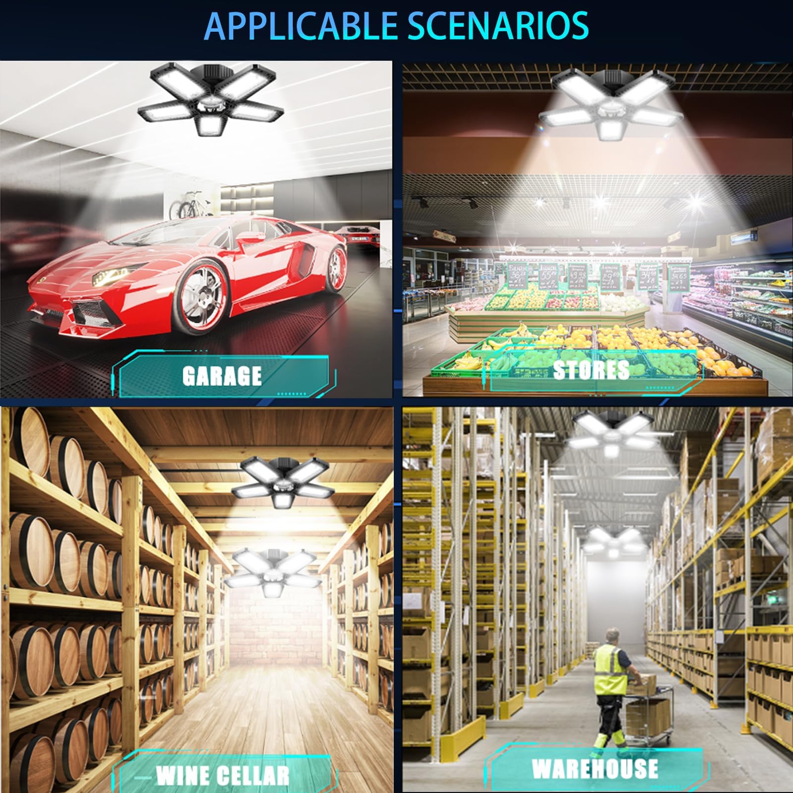 Plafoniera LED Garage 160W 1 Pezzi, 16000LM 6500K Lampada Officina 5+1 Deformabile Pannelli Plafoniere LED a Soffitto Garage, Plafoniera E27 per Officina Cantina Palestra Negozio