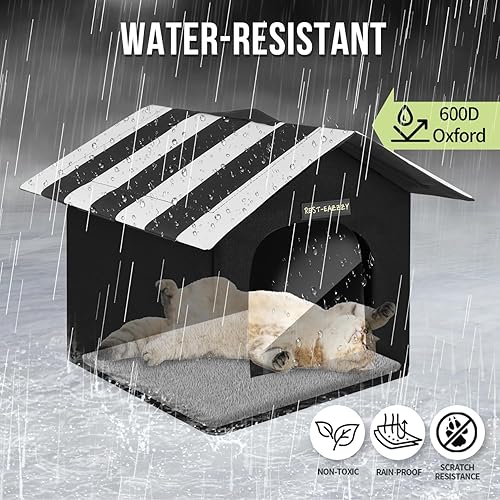 Miniatura 4 de Rest-Eazzzy Casa para gatos al aire libre, casa para gatos aislada con alfombrilla y clip, resistente a la intemperie y aislada, camas para gatos
