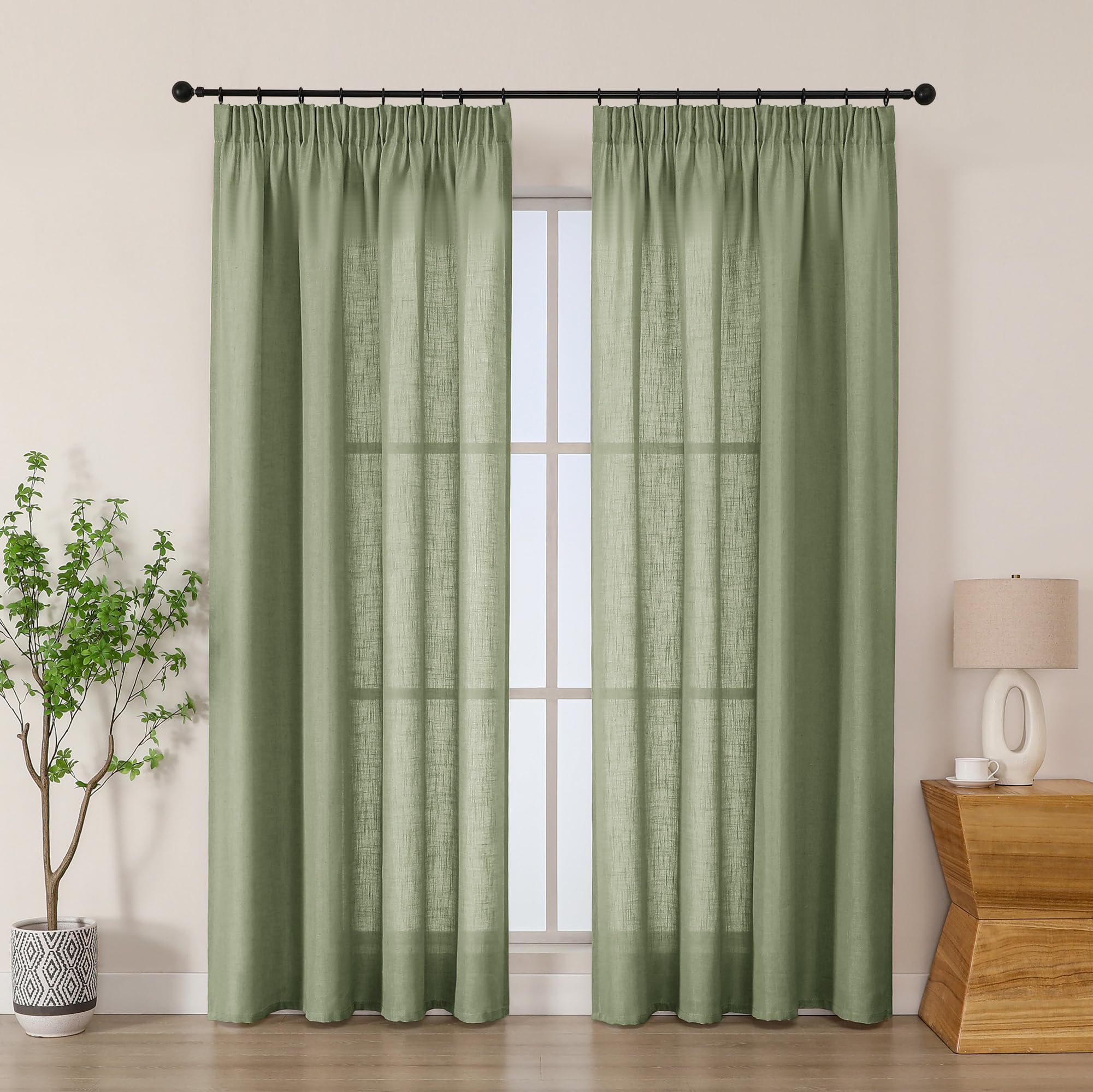Simplebrand Sage Green Linen Blend Pencil Pleat Curtains, Light Filtering Semi-Sheer Textured Window Drapes for Privacy, 2 Panels for Bedroom, Living Room & Patio Door, W140 x L200 cm