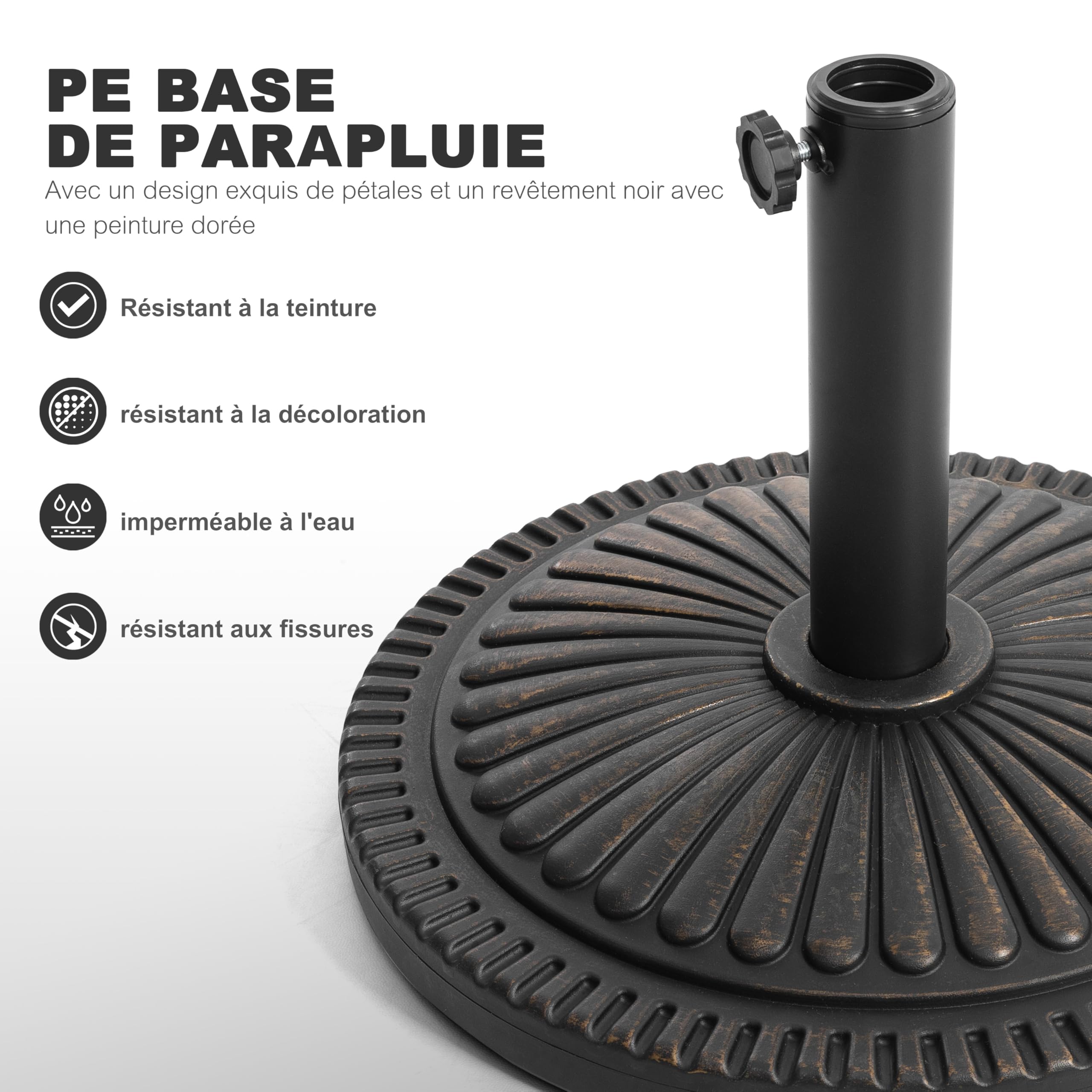 Avestar 15 kg Pied de Parasol Rond pour l'Extérieur, Socle Lesté avec Bouton Rotatif pour Mâts de Parasol Ø38-48 mm, Adapté pour Le Jardin, la Terrasse, Noir avec Bord Doré