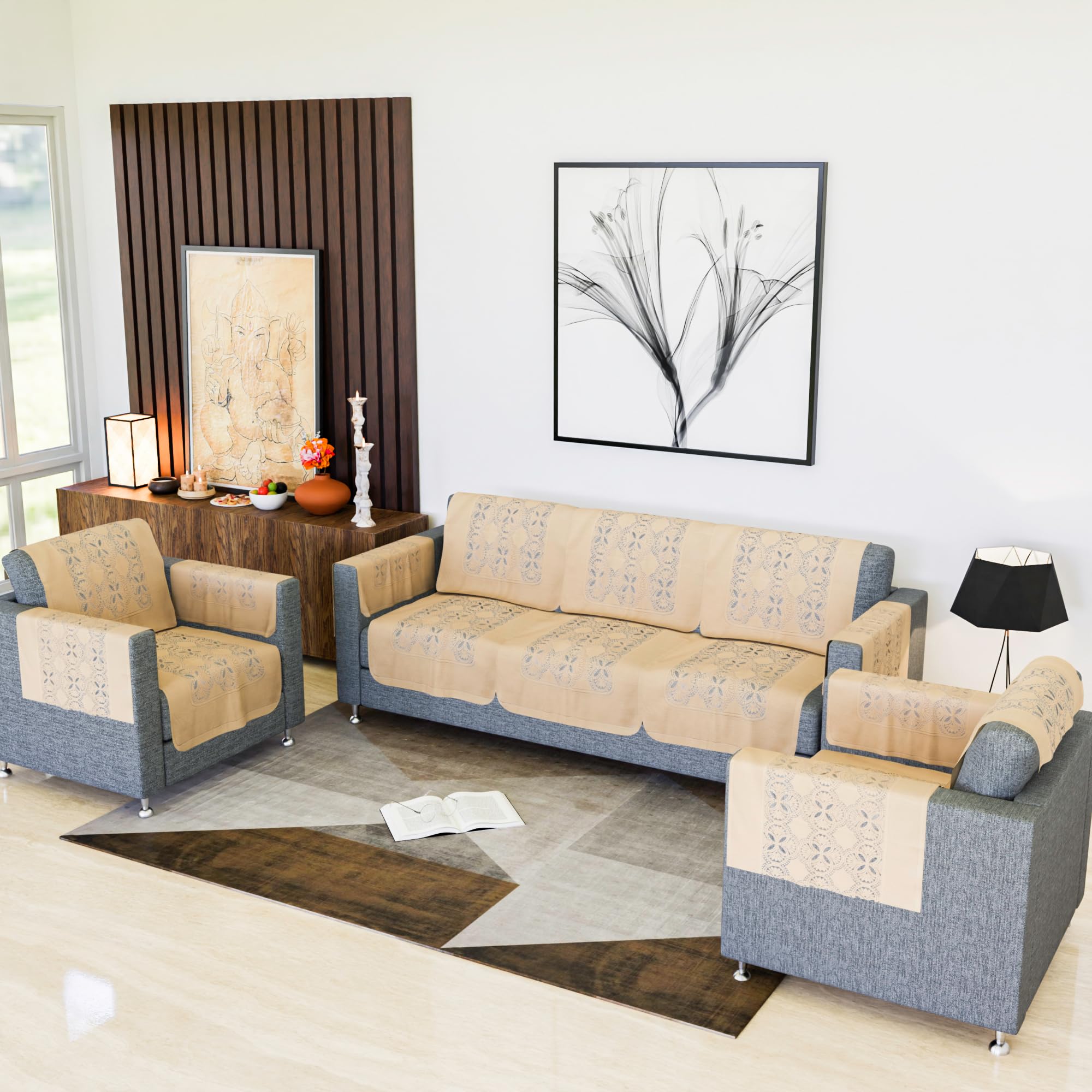 Kuber Industries Sofa Cover | 5-Seater Sofa Cover with Arms | Sofa Cover Set | Net Sofa Slipcover Set | Couch Cover for Hall | Sofa Cover for Living Room | Self Flower New Jersey | Golden-image-14