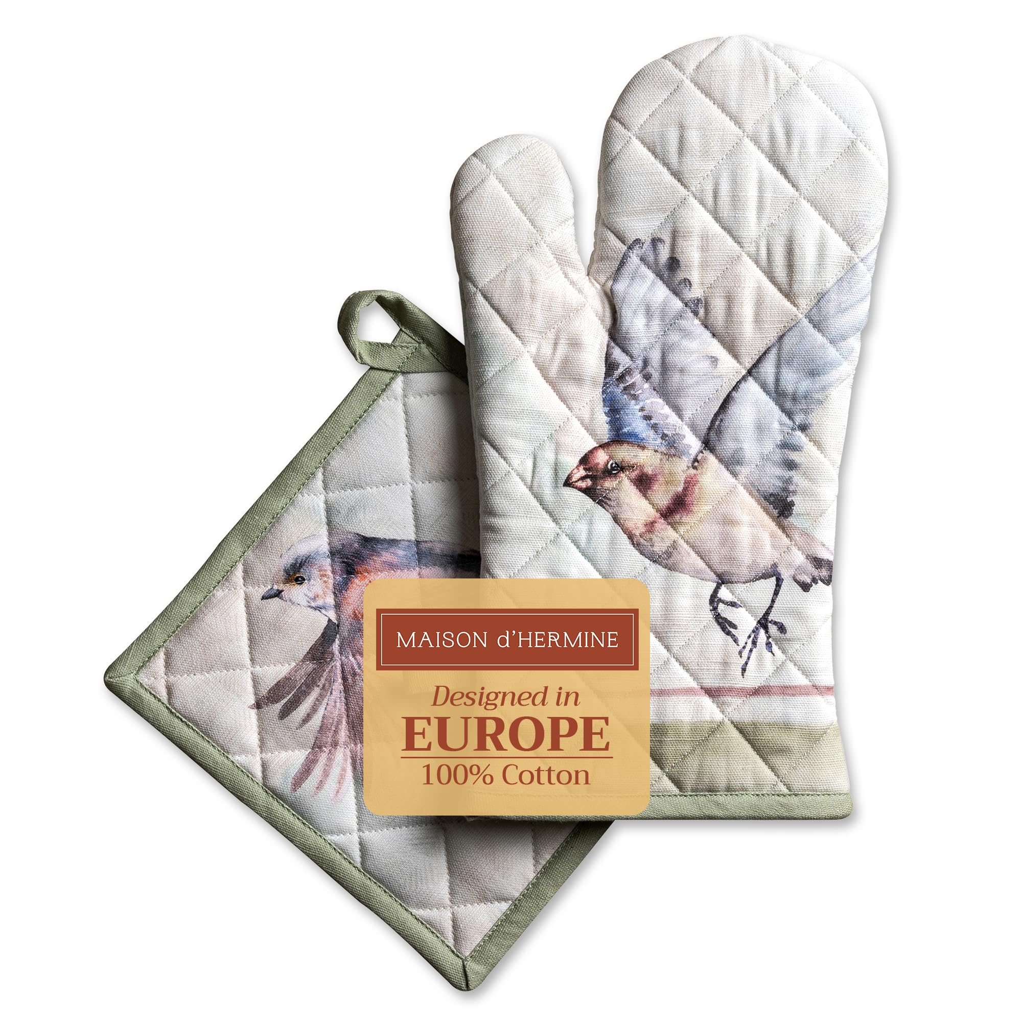 Maison d' Hermine Flying Birds 100% Cotton Set of Oven Mitt (19cm x 33cm) and Pot Holder (20cm x 20cm) for BBQ | Cooking | Baking | Grilling | Microwave | Barbecue | Spring/Summer | Easter