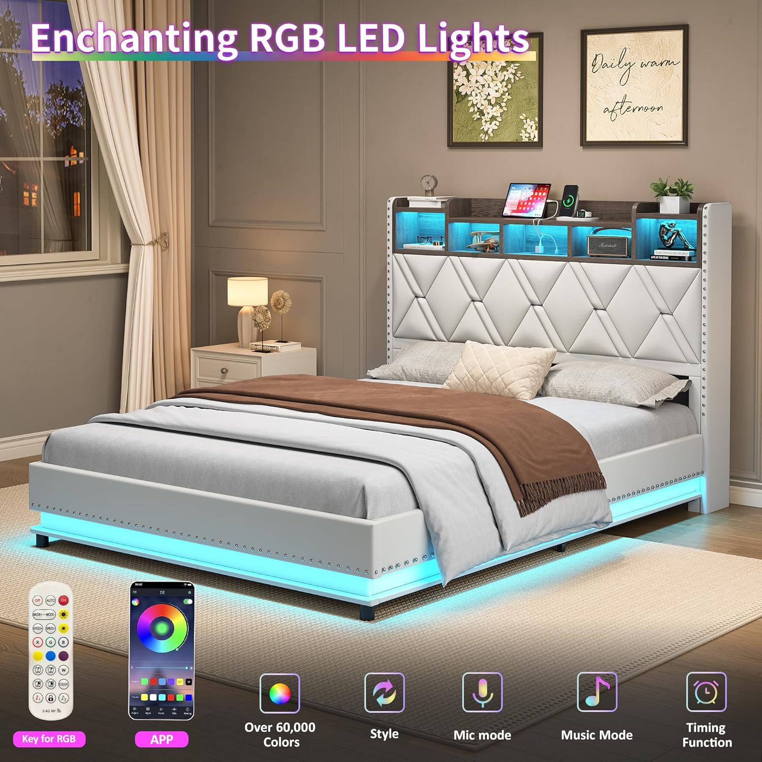 Bed frame with LED lights illuminated, showing remote control and smartphone app interface