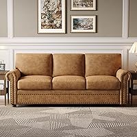 ONBRILL Caramel Faux Leather Sofa with Nailhead Trim - 84" Mid-Century Modern 3-Seater Couch, Deep Seat Rolled Arms for Living Room