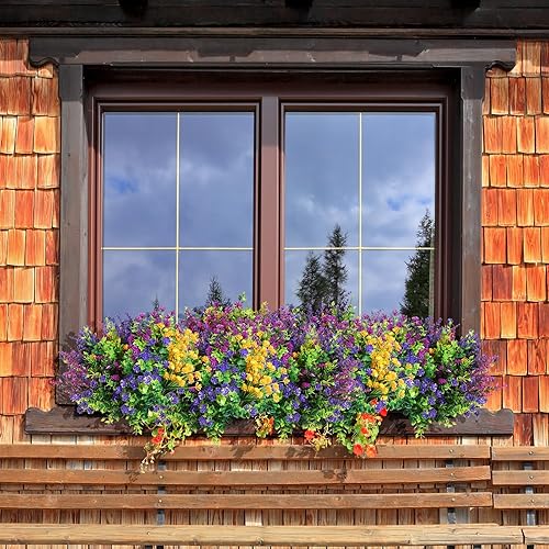 Miniatura 6 de Hoteam 48 paquetes de flores artificiales de plástico para exteriores, flores de boj de plástico, arbustos de plástico para patio, porche, jardín,