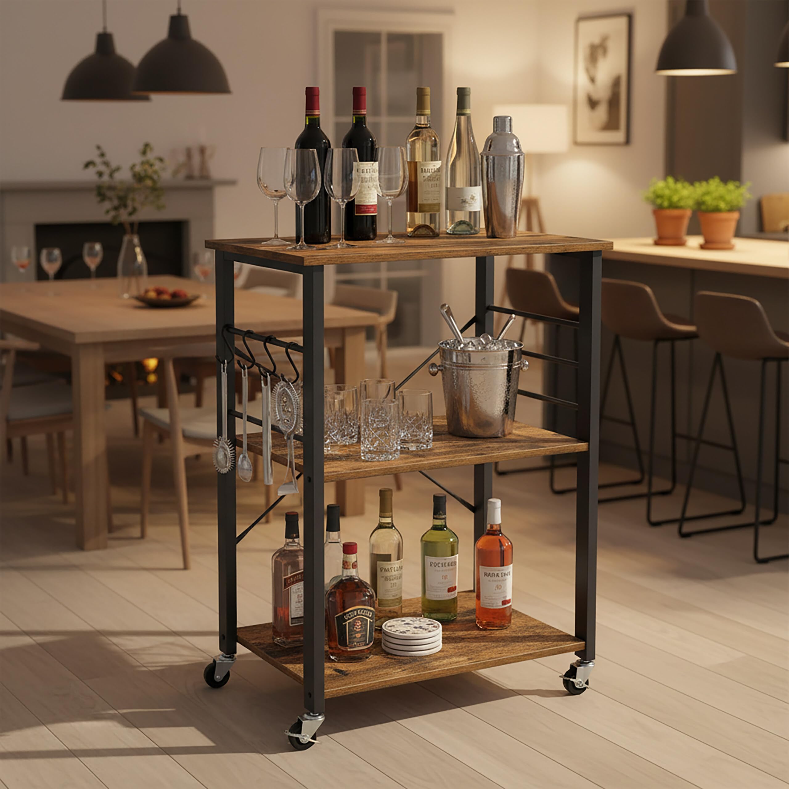 Relaxdays Carrello da Cucina, 3 Ripiani, 6 Ganci, Metallo, casa e Ufficio, HLP: 89x60x40 cm, Effetto Legno/Bianco