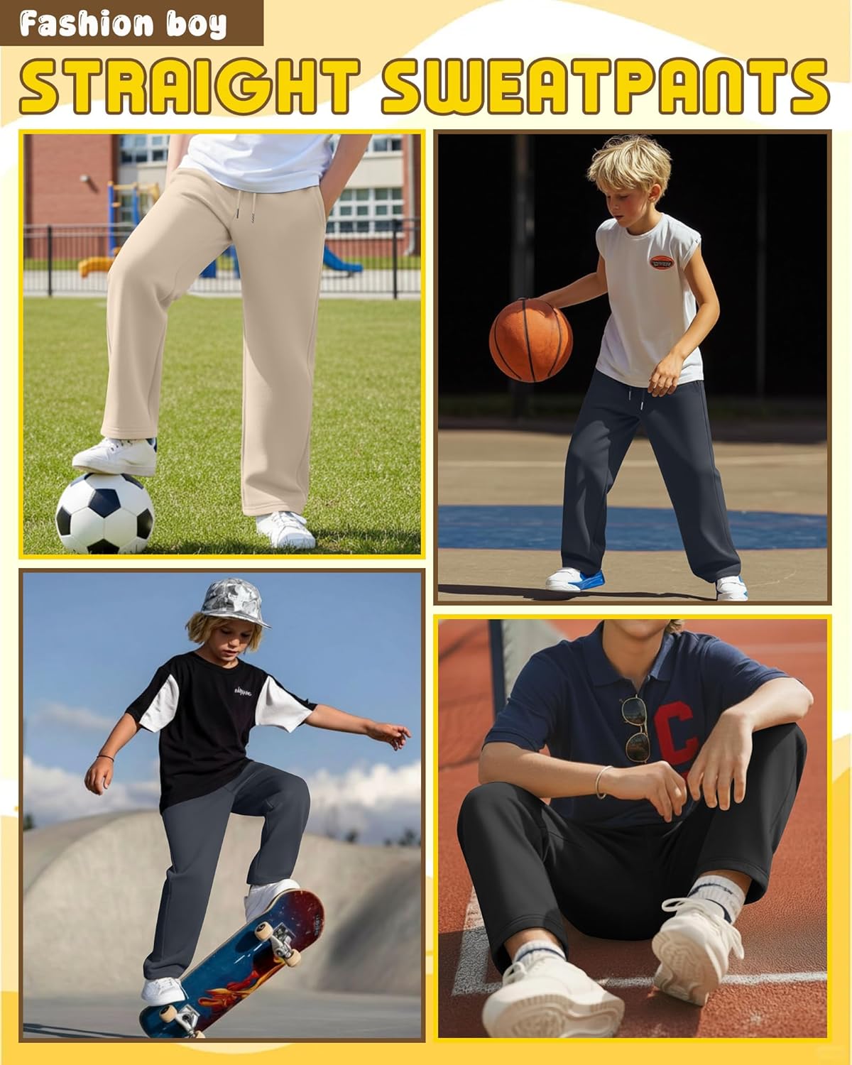 3 Pack Boys Baggy Sweatpants Casual Pants 5-14 Years Straight Leg Open Bottom Athletic Kids Joggers with Pockets - Image 2