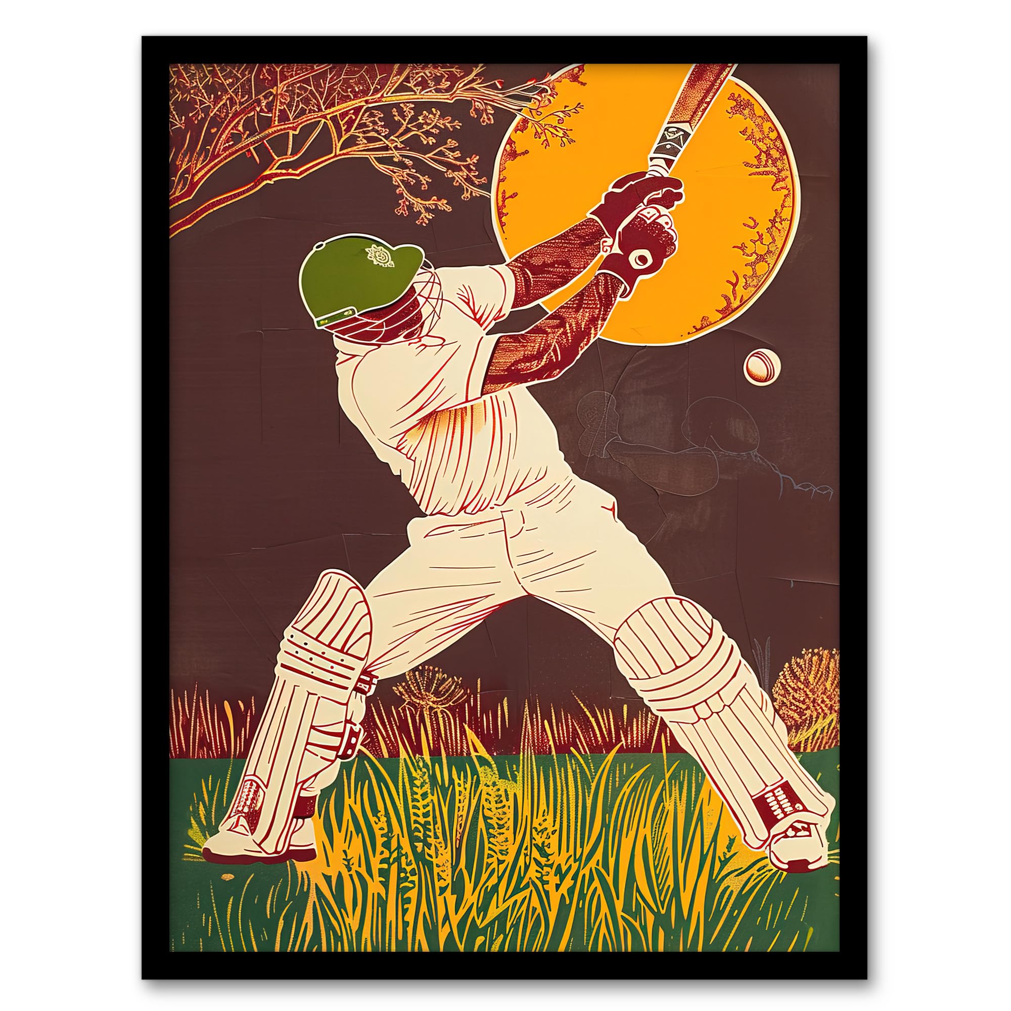 Artery8 Cricket Player Batsman Portrait Painting Man Cave Fathers Day Artwork Framed Wall Art Print 18X24 Inch