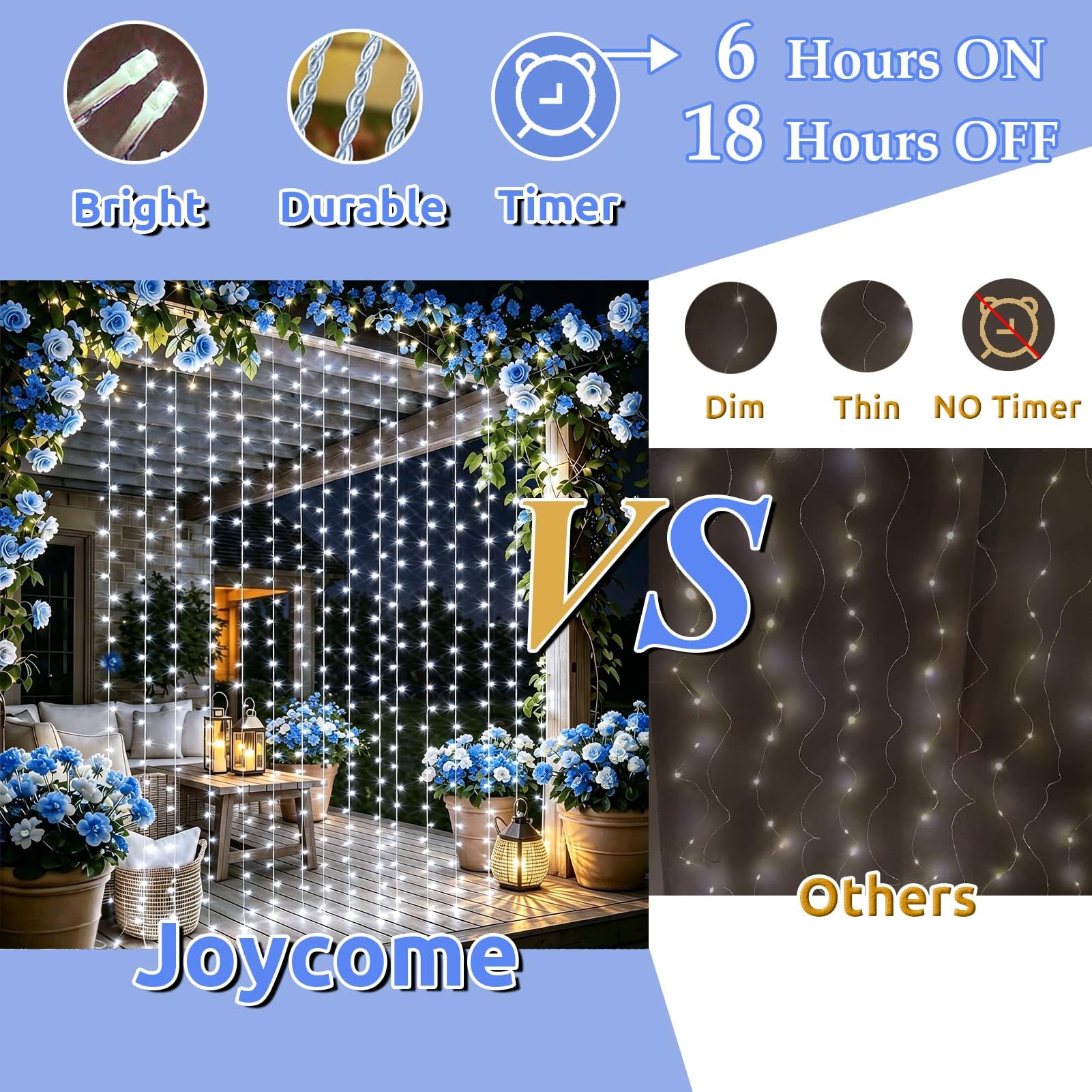 Joycome Kurtyna świetlna do użytku na zewnątrz, 6 x 3 m, 600 diod LED, zasłona z wtyczką, 8 trybów / timer, łańcuch świetlny do zawieszenia, wodoszczelna zasłona świetlna na zewnątrz, na okno, ścianę