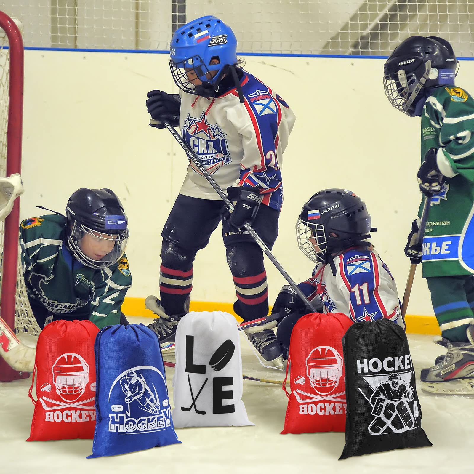 Berlune 24 Pcs Hockey Gift Bags Mini Hockey Drawstring Bags, Drawstring Gift Bags Hockey Party Favors Drawstring Party Favor Bags for Hockey Themed Sport Party, Birthday, Celebration Activities