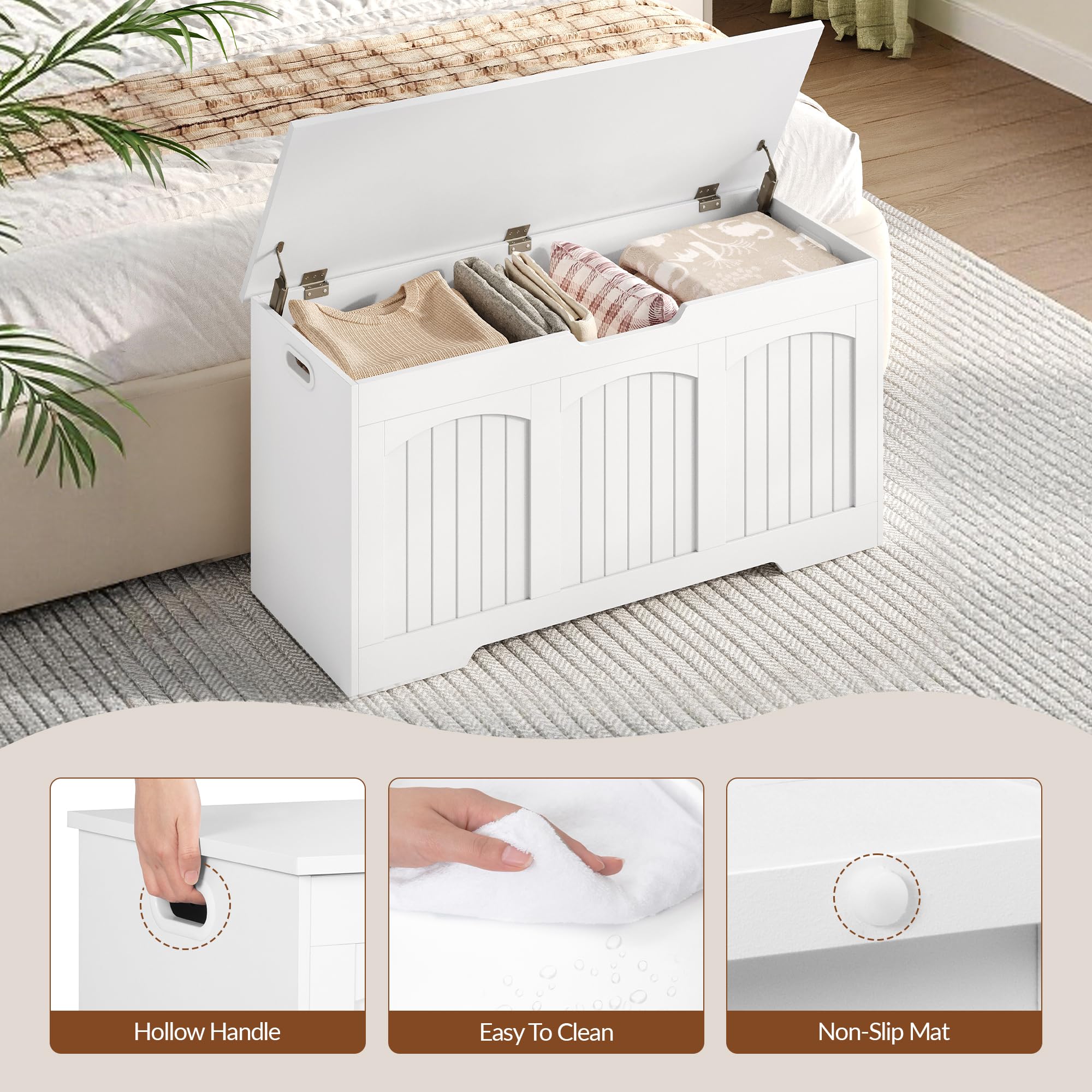 Puff Almacenaje, Baul Almacenaje Dormitorio, Banco de Seguridad y Asas Laterales Ahuecadas, para el Recibidor, el Dormitorio, 100 x 40 x 48 cm, Blanco FFXD103PW1