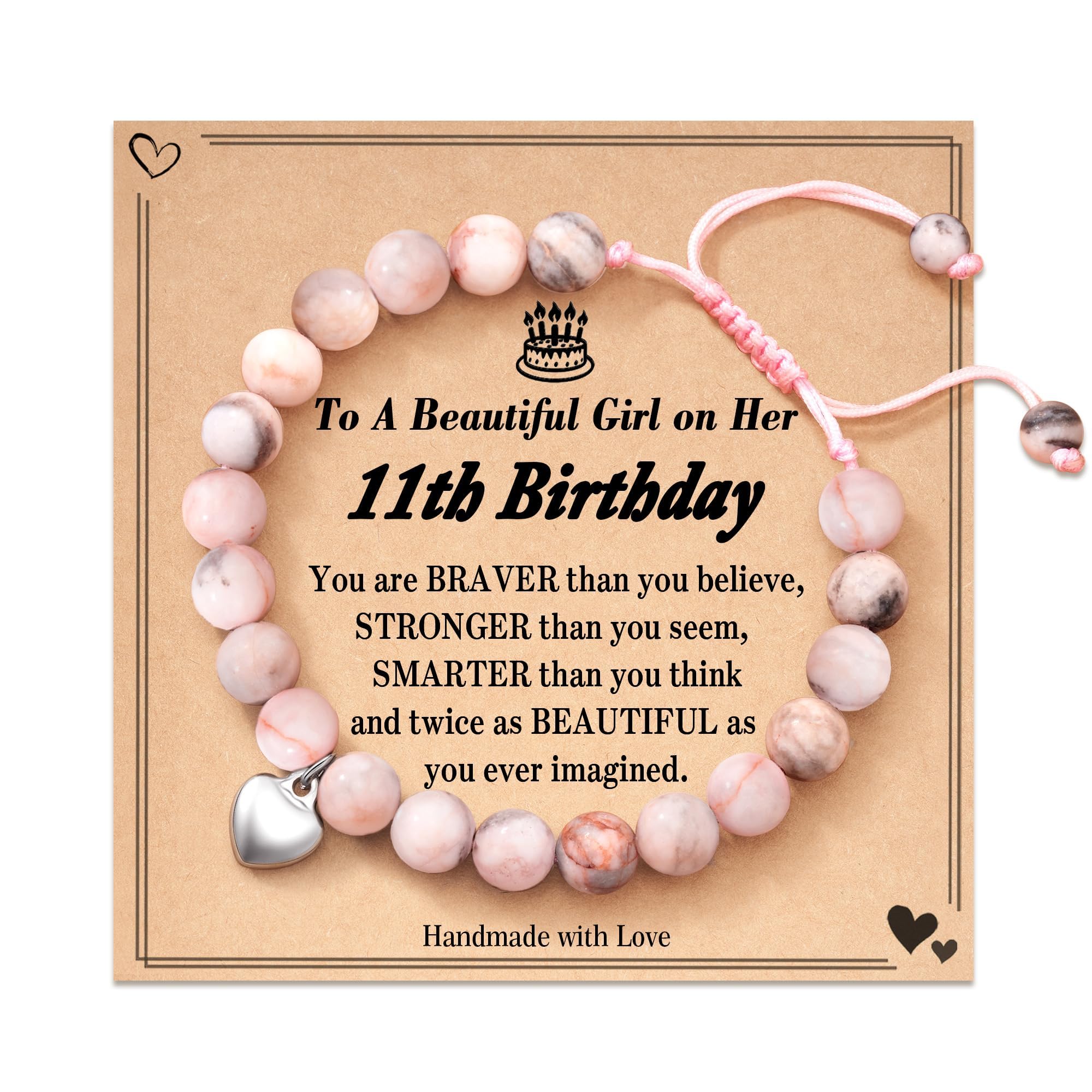 4-16 Birthday Gifts for Girls, Pink Zebra Natural Stone Bracelet with Sweet Heart Charm for Daughter/Granddaughter/Niece