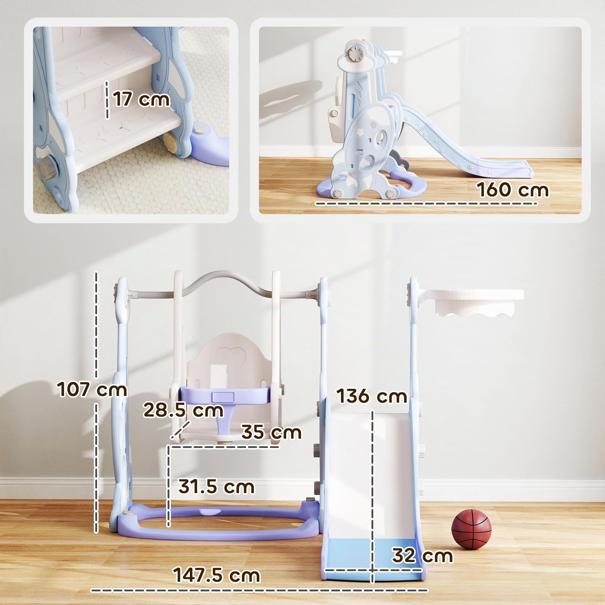 AIYAPLAY Rutsche 4-in-1 Kleinkinderrutsche mit Basketballkorb Hellblau | Klettergerüst, Schaukel, Kinder Spielplatz, Raketendesign, Kinderrutsche, für Outdoor und Indoor, Kinder 1,5-4 Jahren