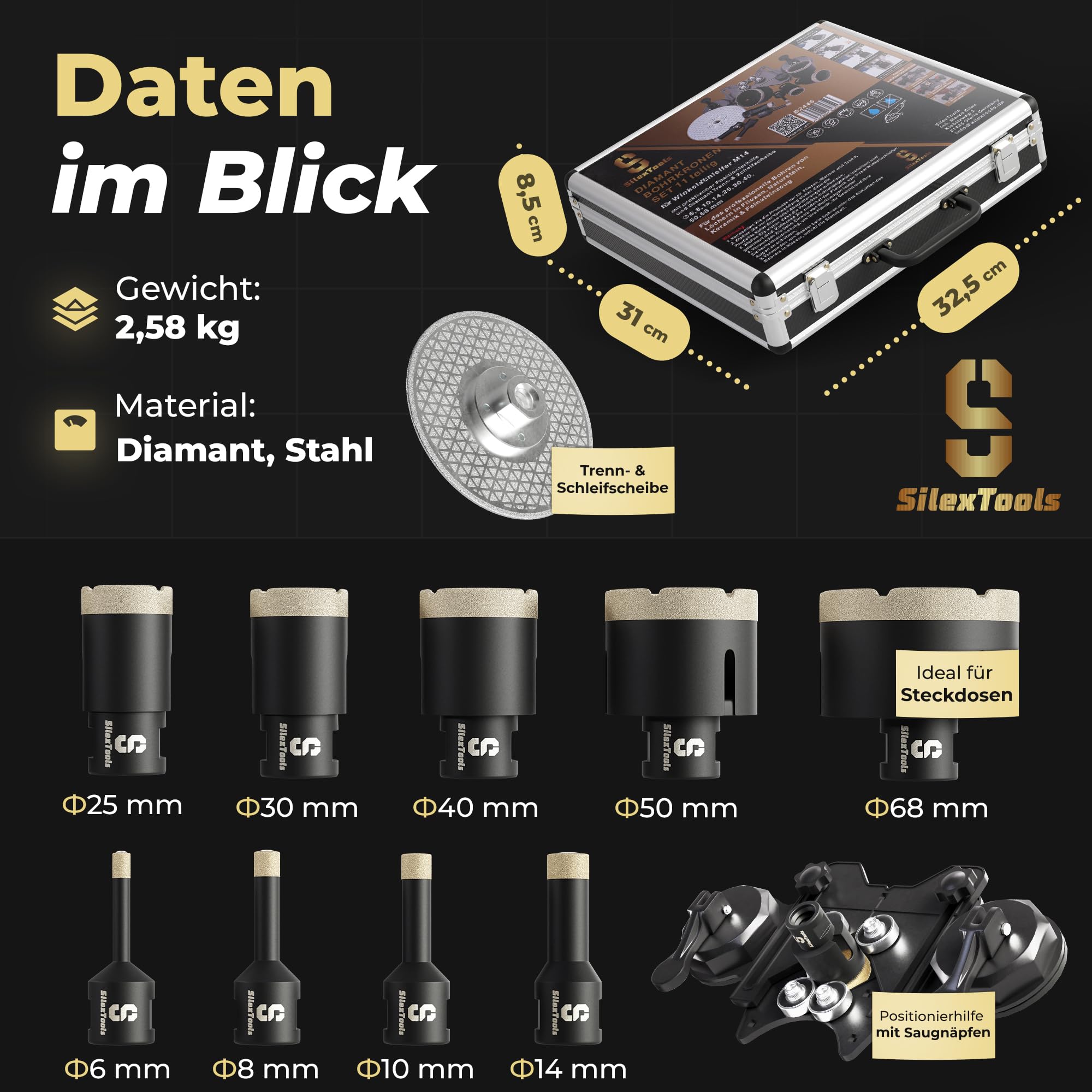 Profi Diamant Fliesenbohrer Set - 11teilig [6|8|10|14|25|30|40|50|68mm] mit Bohrkronen, Schleifscheibe und Positionierhilfe, Diamantbohrer für Fliesen Granit Naturstein Feinsteinzeug