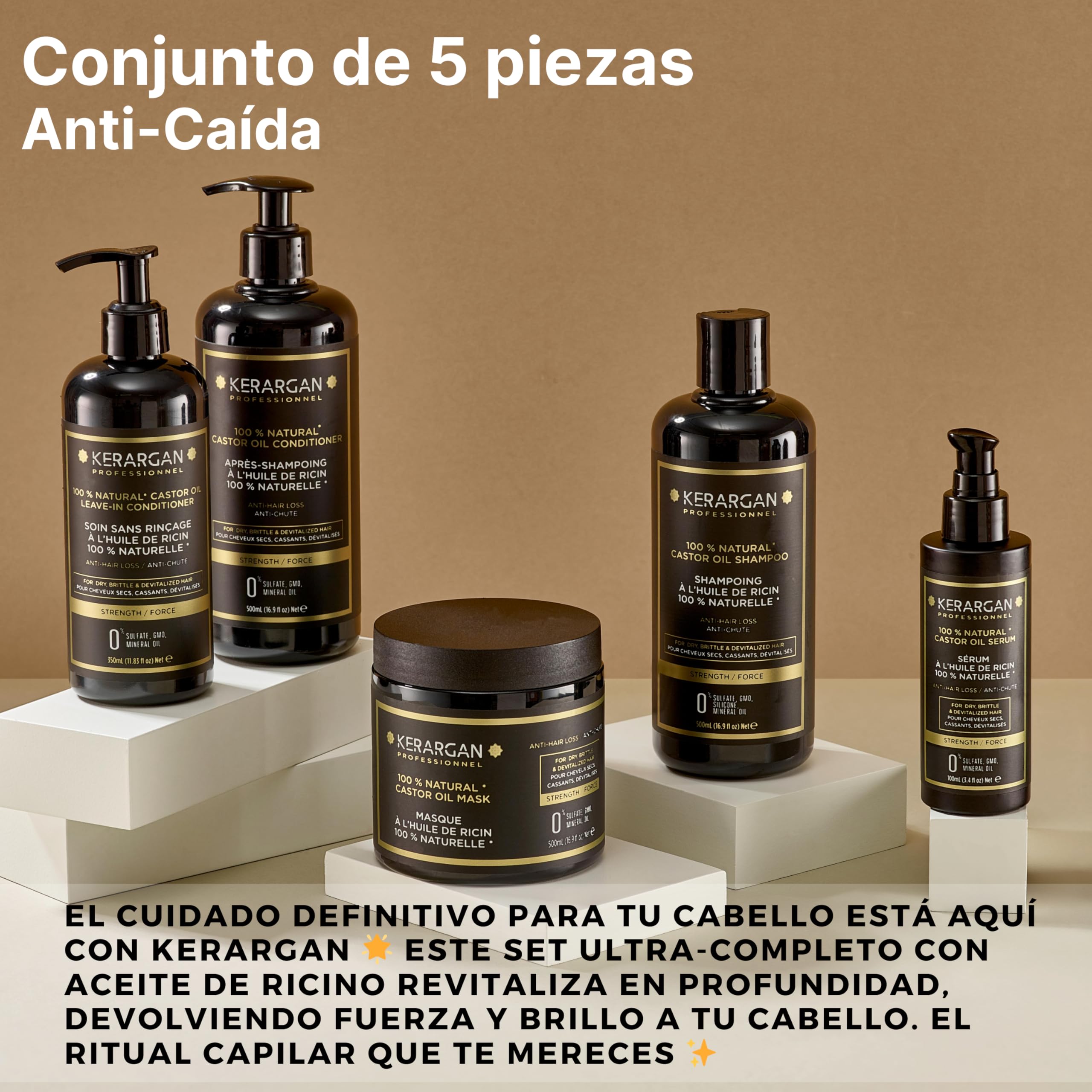 Kerargan - Conjunto Anti-Caída Champú, Acondicionador, Mascarilla, Sérum & Leave-In con Aceite de Ricino para Cabello Dañado - Cuidado Intensivo Crecimiento -Sin Sulfatos,Silicona-3x500ml+100ml+350ml | Champú, acondicionador, mascarilla, sérum y cuidado s