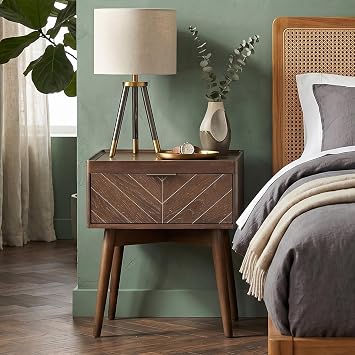 Loki Modern Nightstand Solid Hevea Wood Frame with Chevron Design Drawer - Bedside Table - Real Solid Wood End Table, Elegant Wooden Organizer for Bedroom (Espresso)