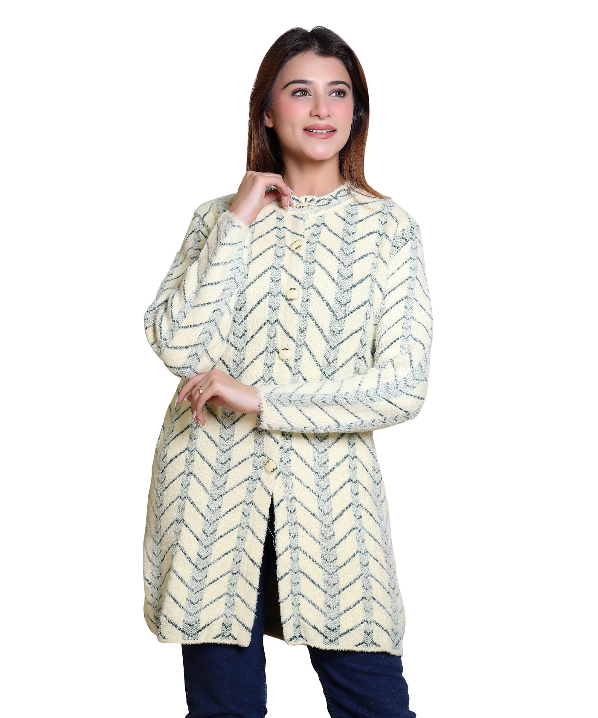 grand line Women's Woolen/Acyrlic Winter Wear Warm Full Sleeve Knitted Cardigan/Sweaters Hair Yarn Long Coat Pullover Computer Knitted Jaquard Design | Size Suitable for Land XL | Orange-picture-43